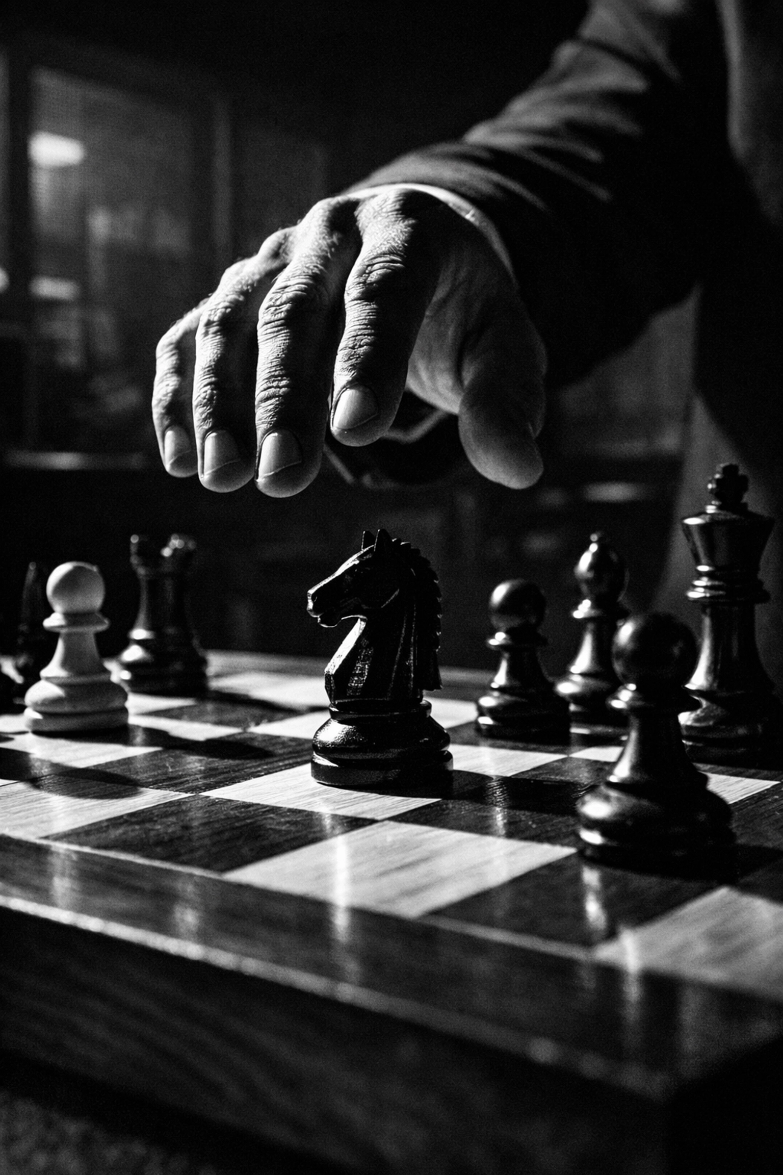 A hand moving a chess piece in a dark office, representing predictive marketing strategy and AI foresight.