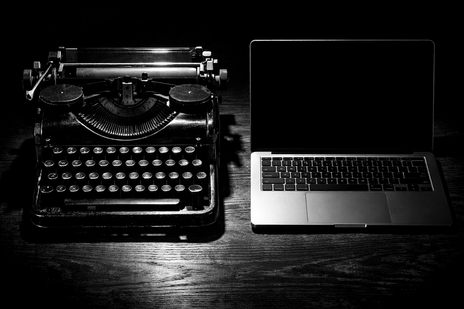 A vintage typewriter and modern laptop representing the balance of AI and authentic storytelling.