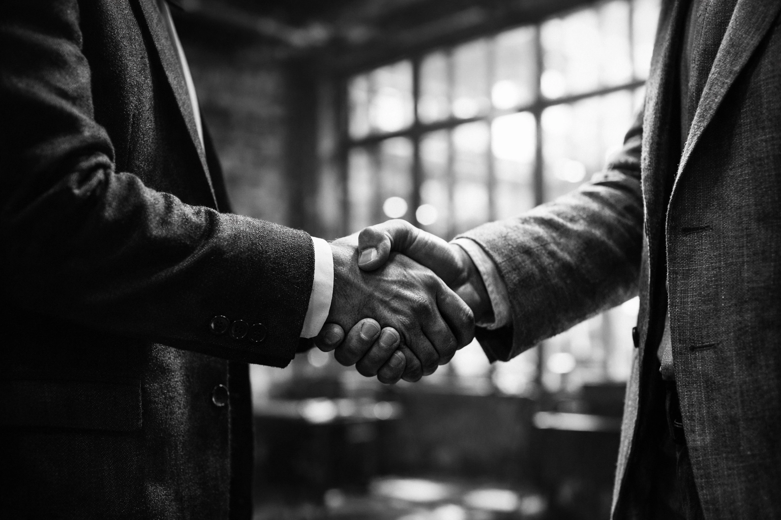 Two business professionals shaking hands, representing trust and authentic networking for founders.