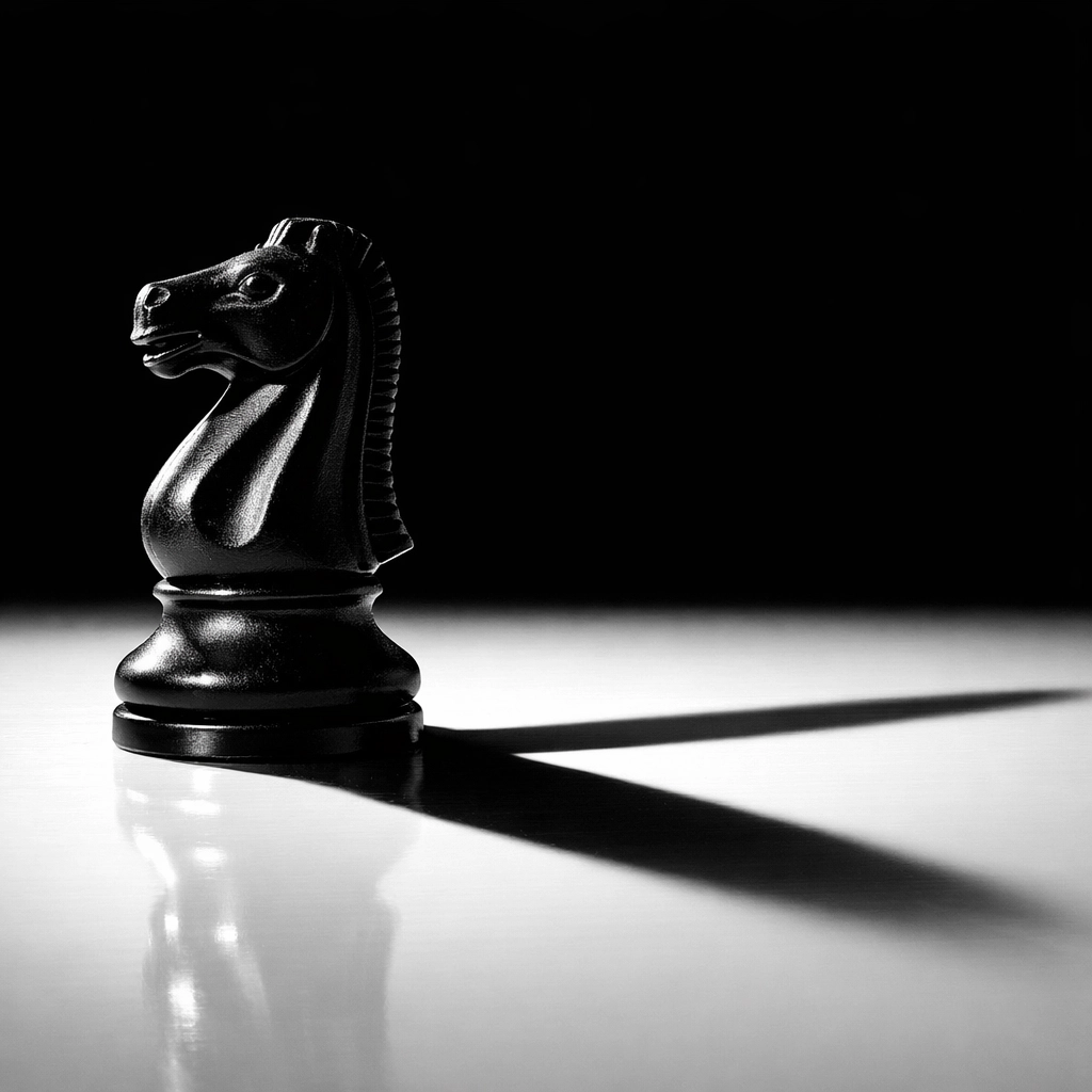 A knight chess piece casting a sharp shadow, symbolizing a strategic move toward content batching.