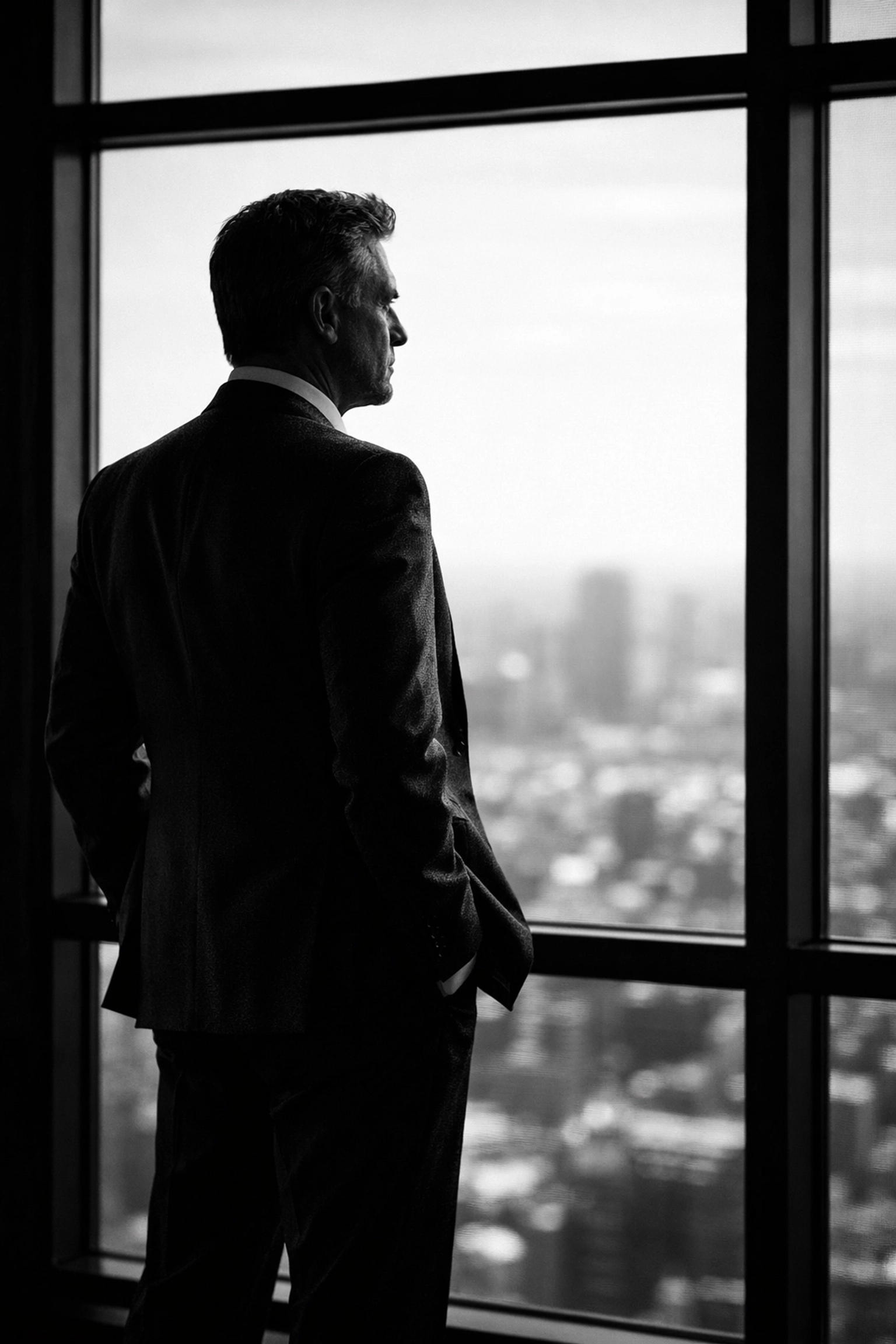 A professional silhouetted against a cityscape, representing brand vision and a structured marketing plan.