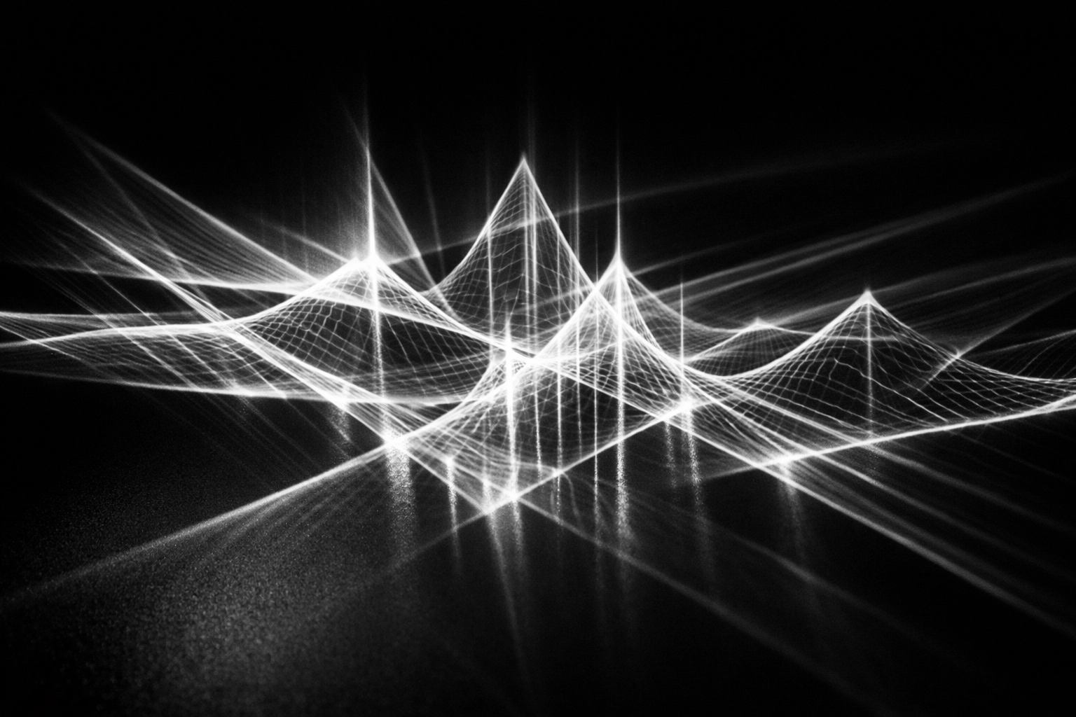 Abstract black and white data waves illustrating the role of AI and analytics in digital marketing.