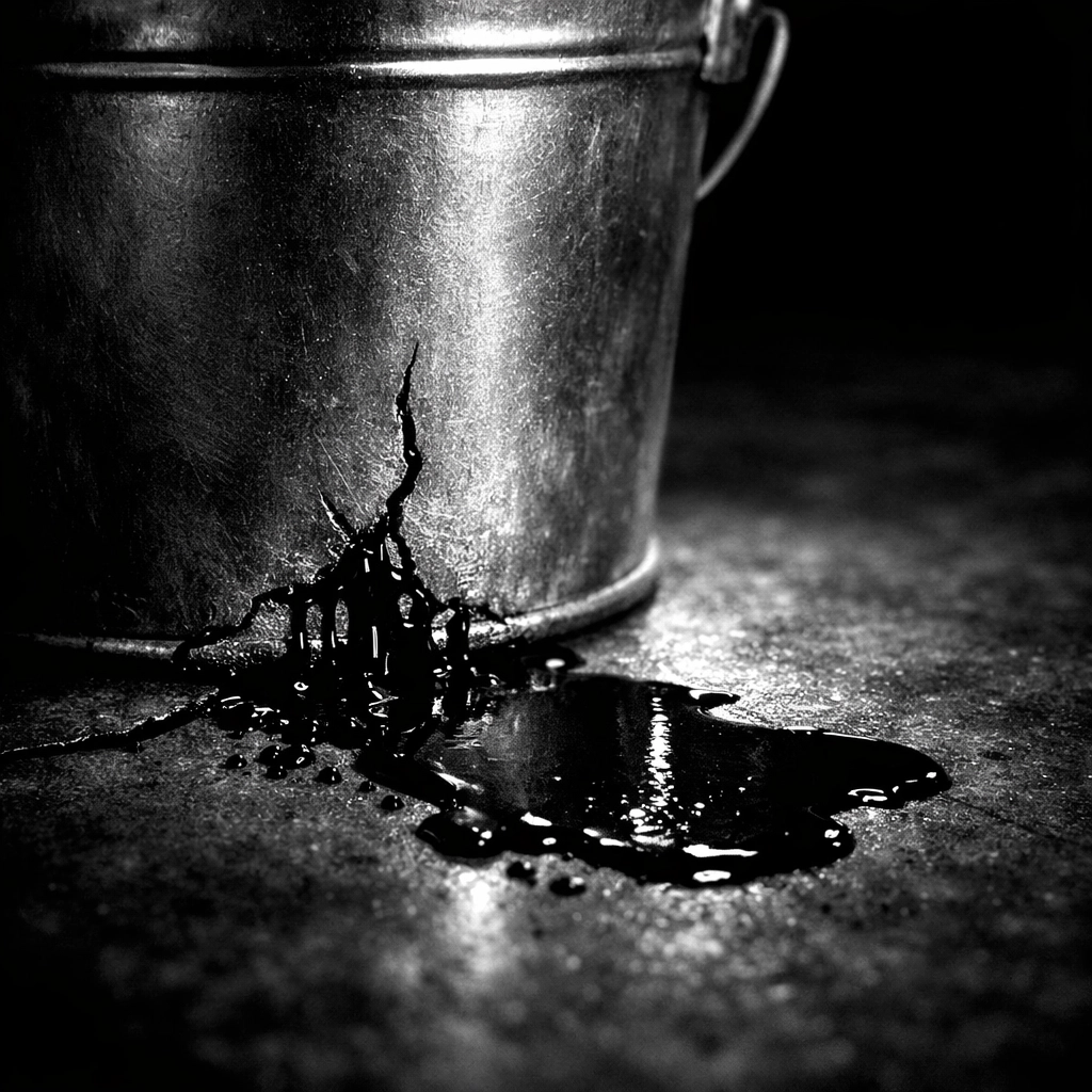 Black and white image of a leaking bucket representing business revenue loss from negative online reviews.