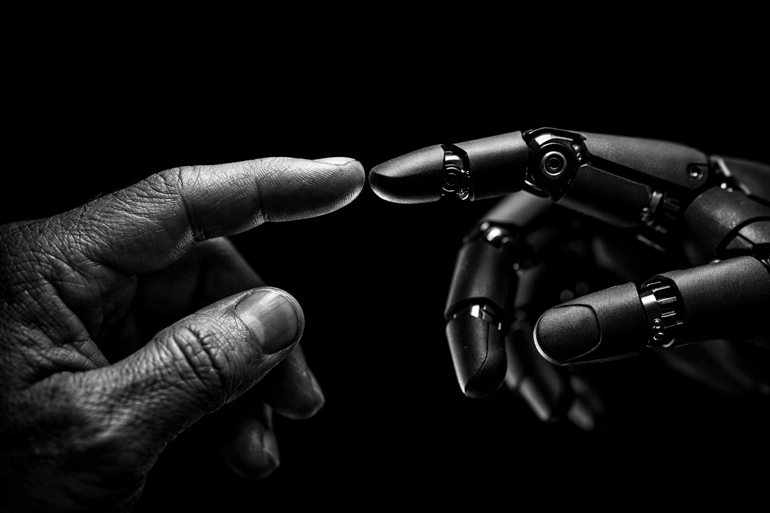 A human hand meeting a robotic hand symbolizing the balance of AI and human trust in legal marketing.