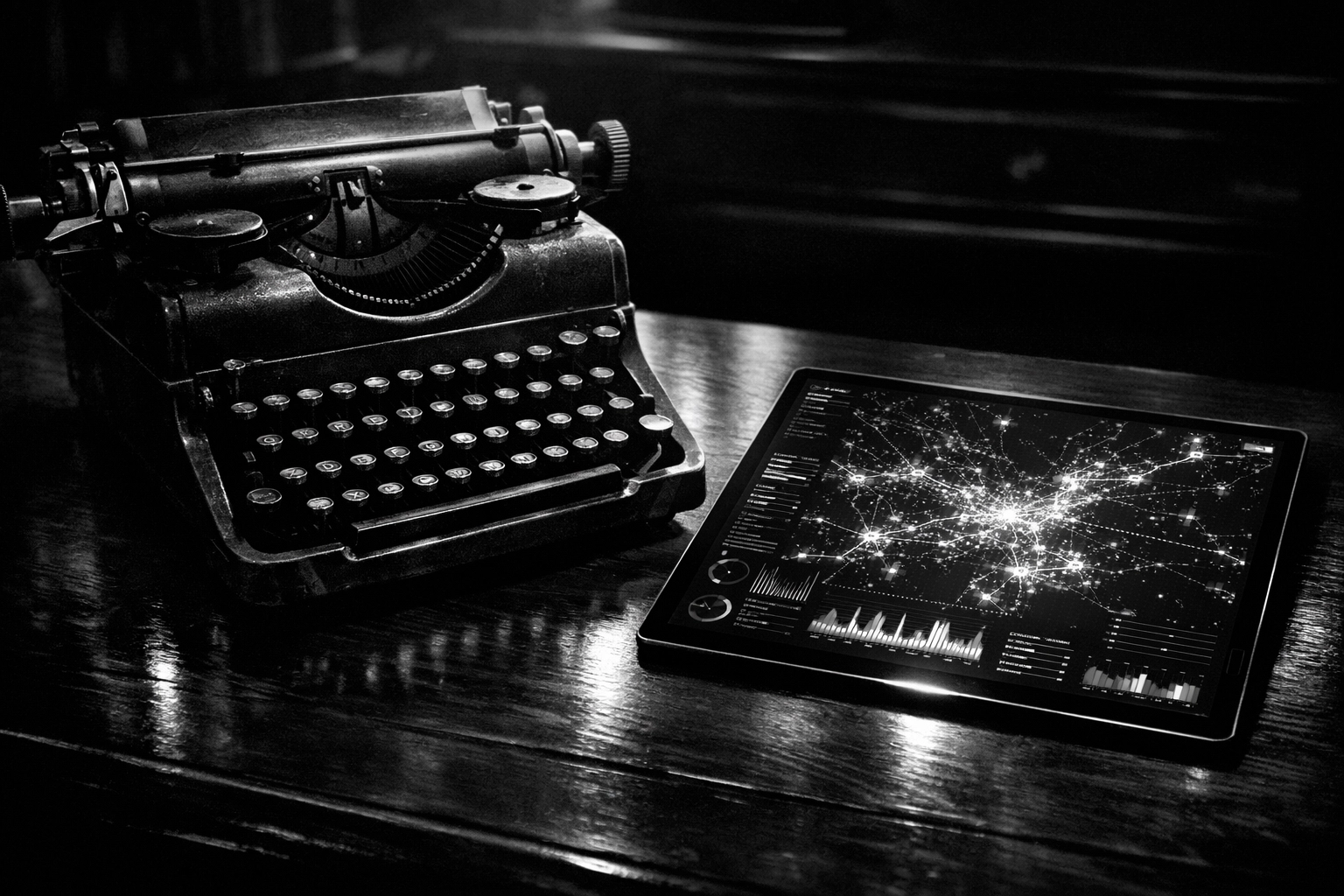 Vintage typewriter and modern digital tablet showcasing the balance of human voice and AI automation.