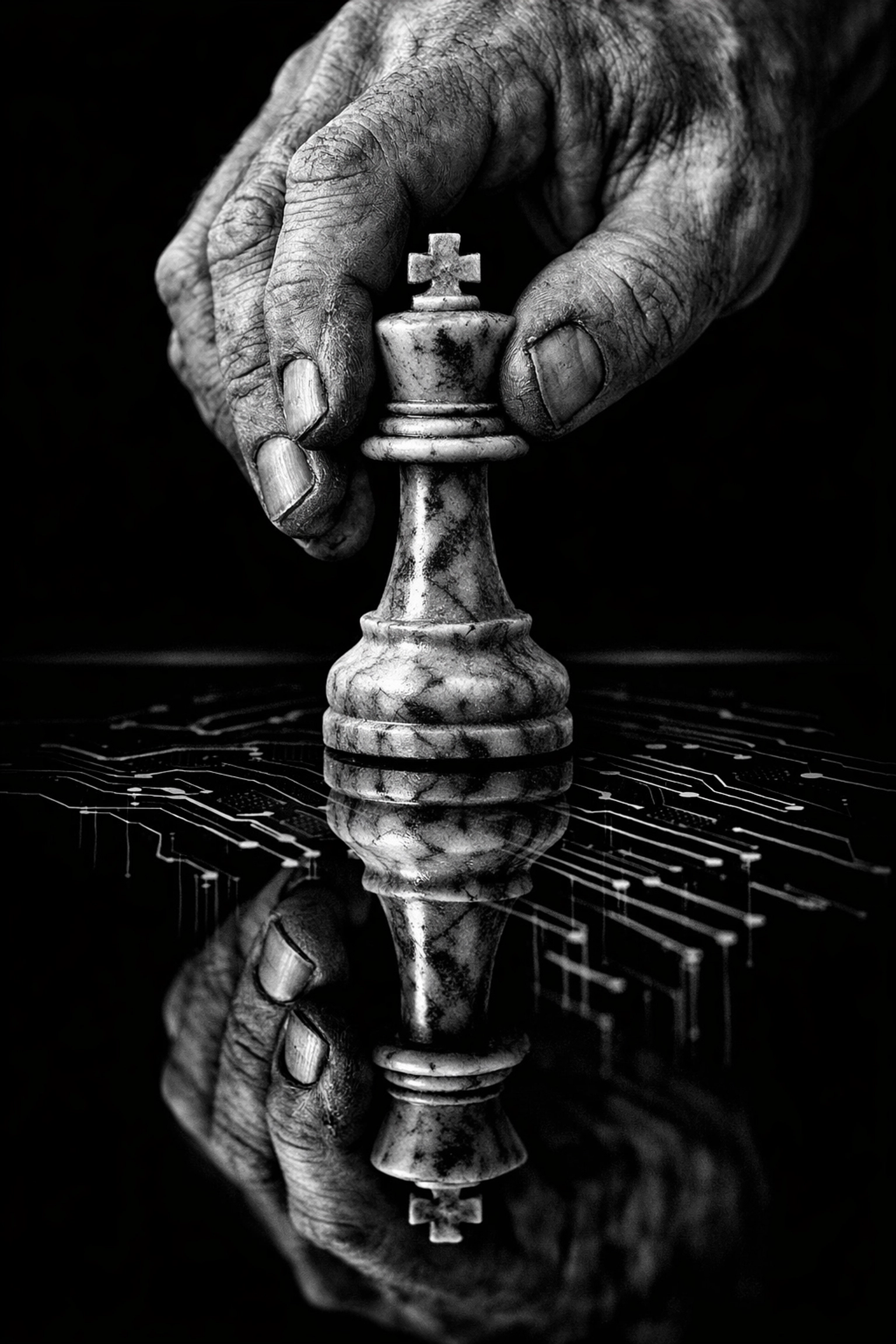 Human hand moving a chess piece over digital circuits representing strategic control in marketing.