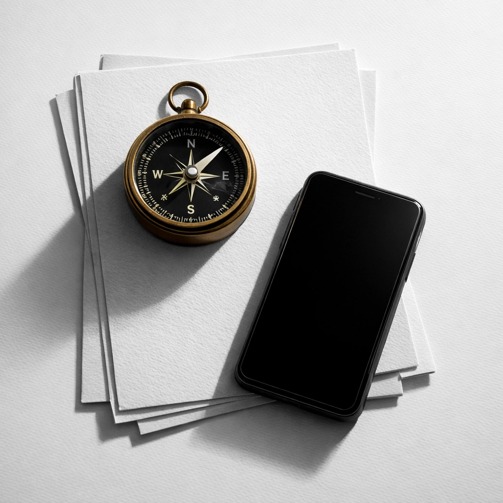 A compass and smartphone symbolizing strategic direction and business growth through technology.