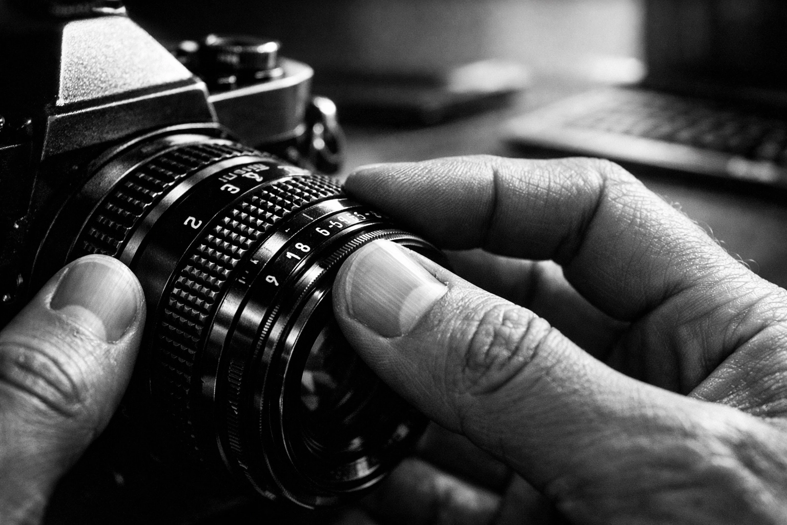 Close-up of hands adjusting a camera lens to symbolize the precision of prompt engineering for business.