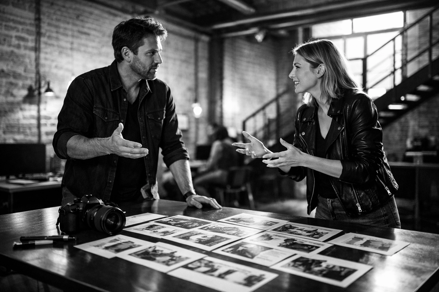 Digital marketing experts collaborating on brand strategy and storytelling in a creative workspace.