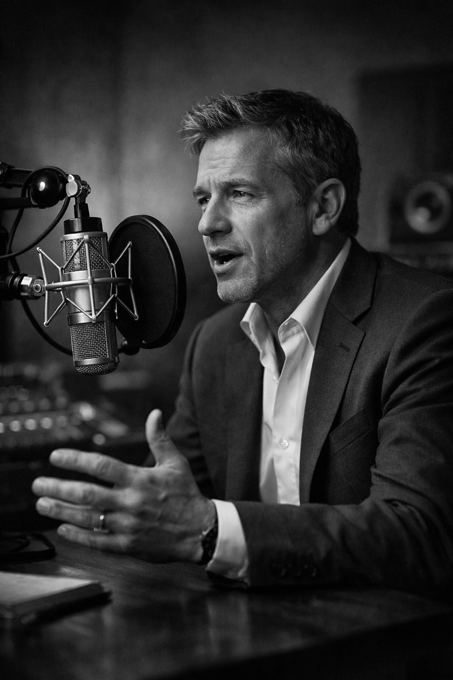 Expert recording a podcast in a professional studio to build brand authority and storytelling.