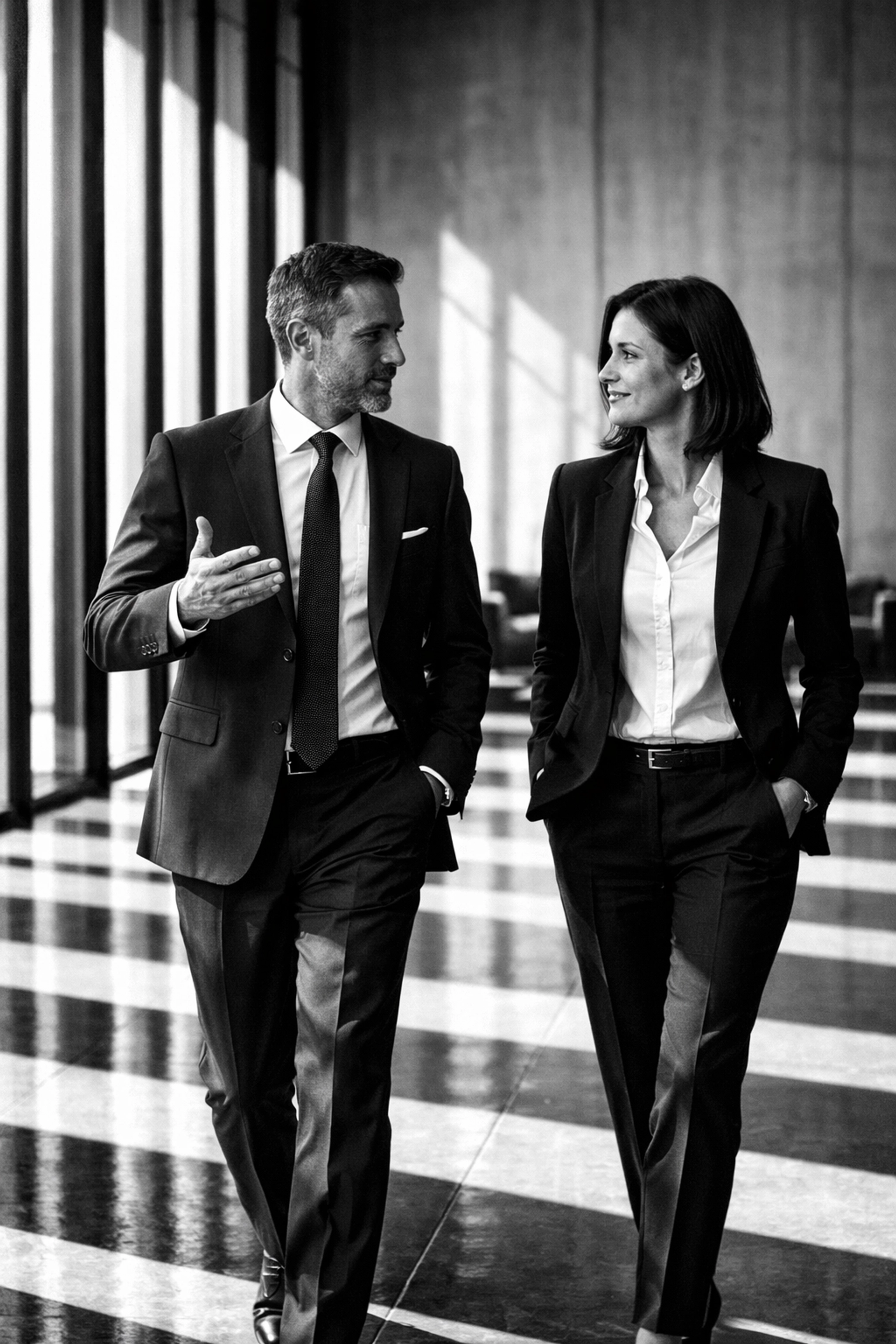 Black and white photo of professional partners discussing a digital marketing playbook and strategic growth.