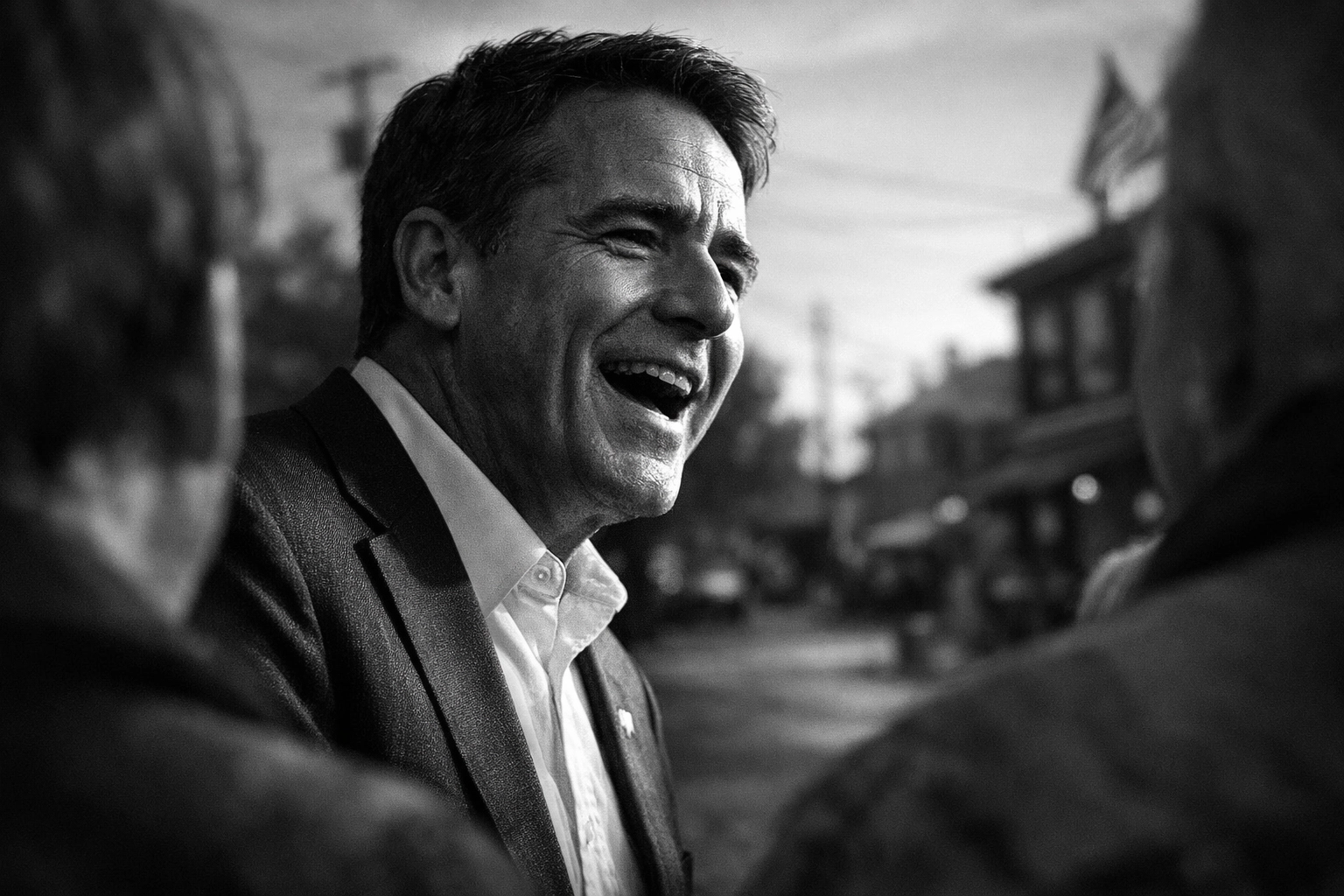 Political candidate connecting with voters through emotional storytelling in a black and white portrait.