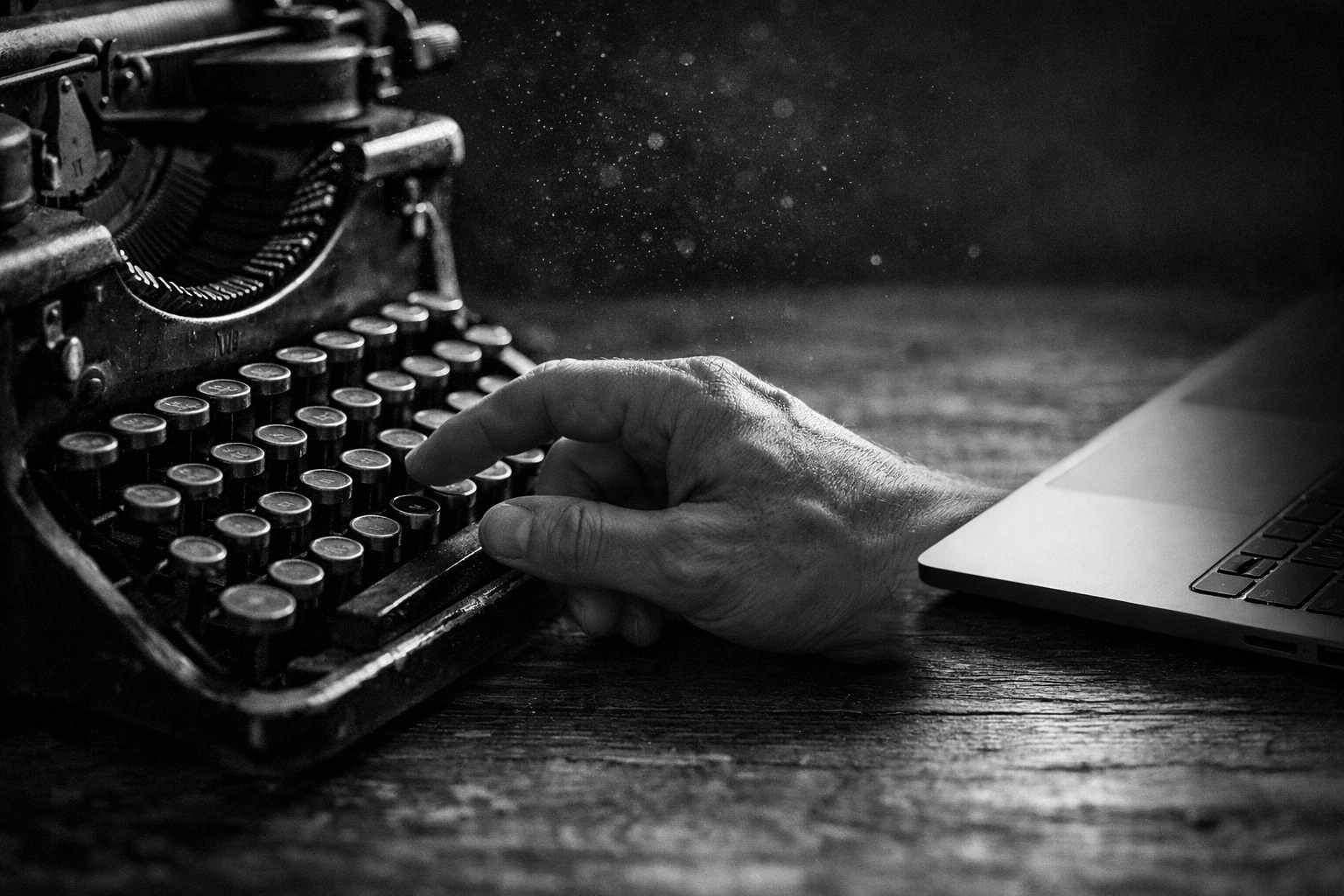 Hand typing on a vintage typewriter next to a laptop, contrasting human soul with digital automation.