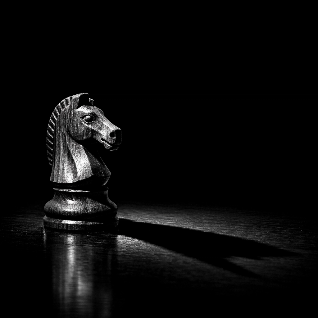 A lone knight chess piece under a spotlight symbolizing unique brand positioning and strategic leadership.