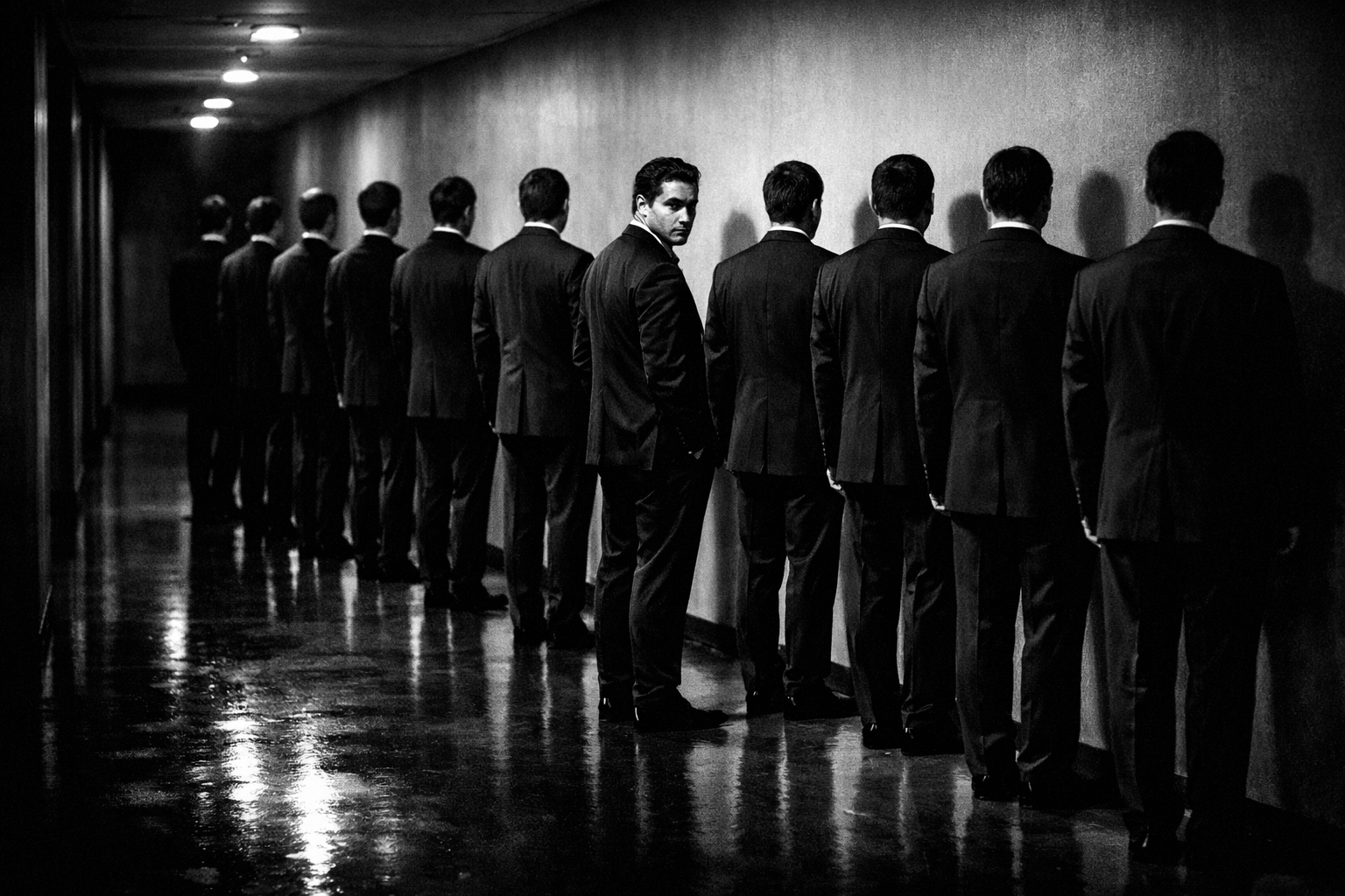 A professional standing out from a line of identical competitors to illustrate brand differentiation in marketing.