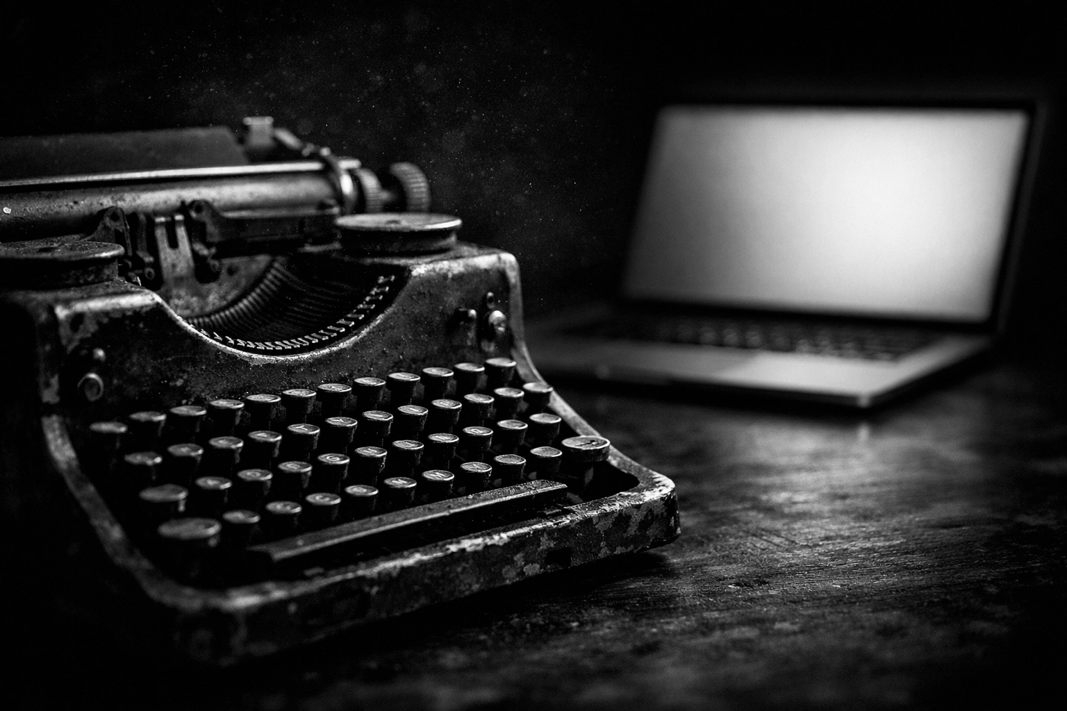 A vintage typewriter next to a laptop representing the balance of human storytelling and AI in digital marketing.