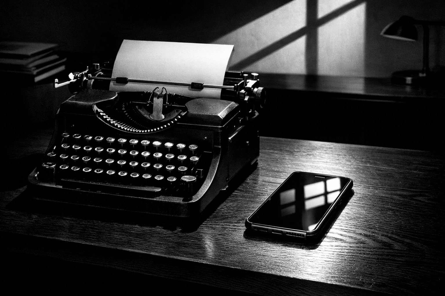 Vintage typewriter and modern smartphone illustrating digital marketing ROI and data tracking.