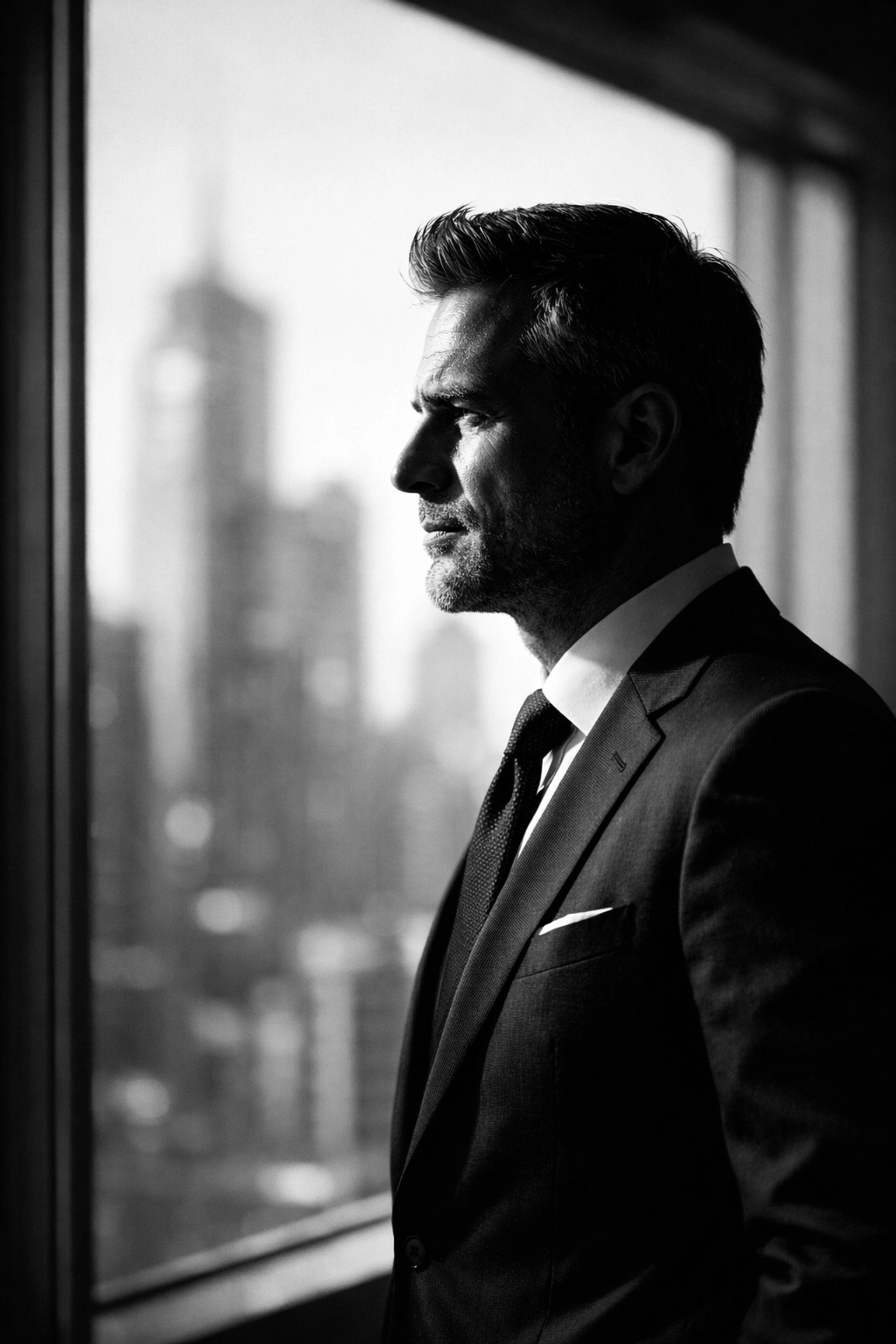 Visionary executive looking out an office window representing professional brand authority.