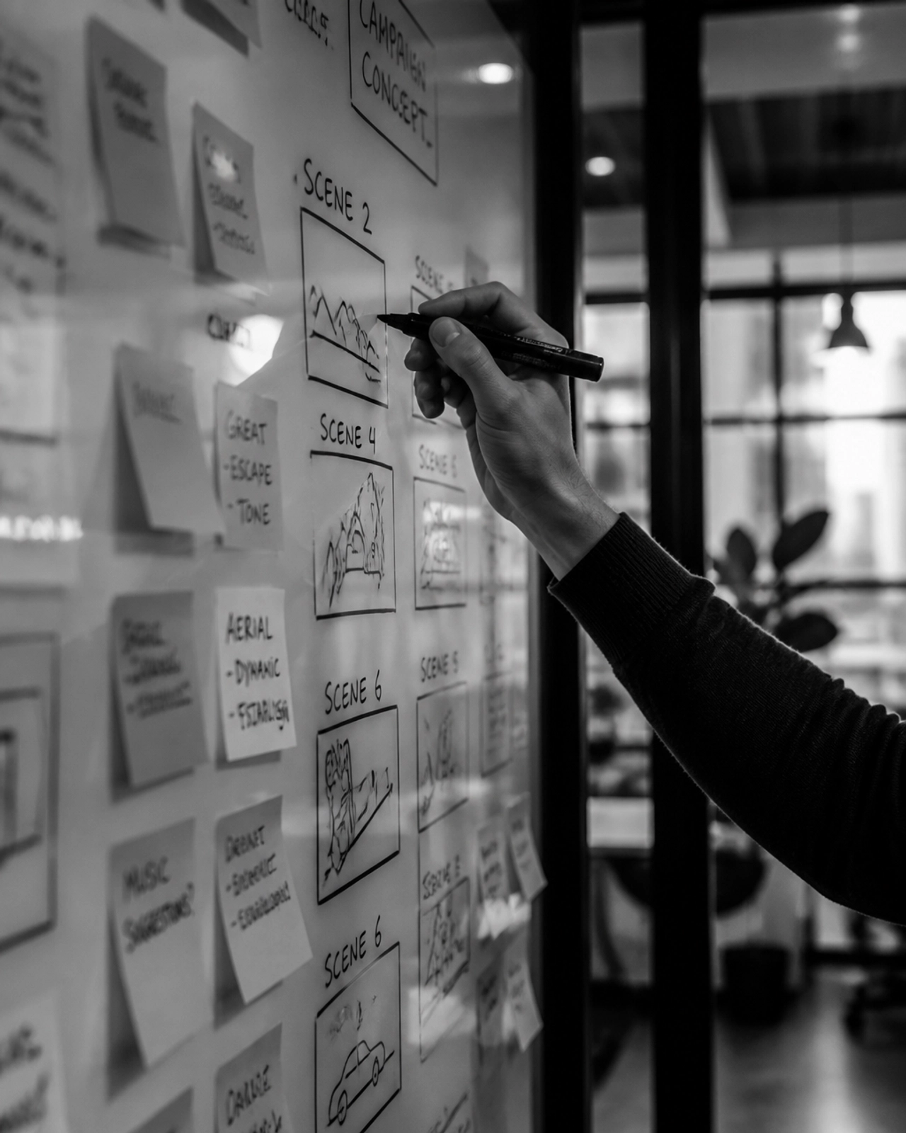 B&W candid of a hand writing video storyboard sketches on a glass board