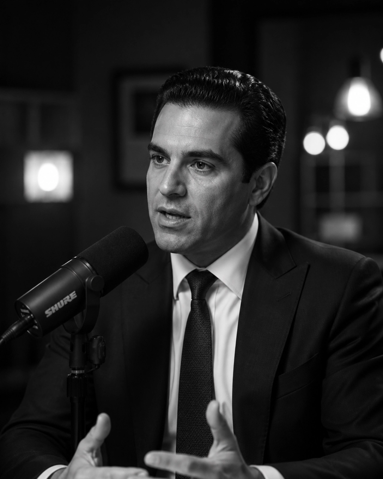 A professional attorney in a B&W recording session with a high-end microphone