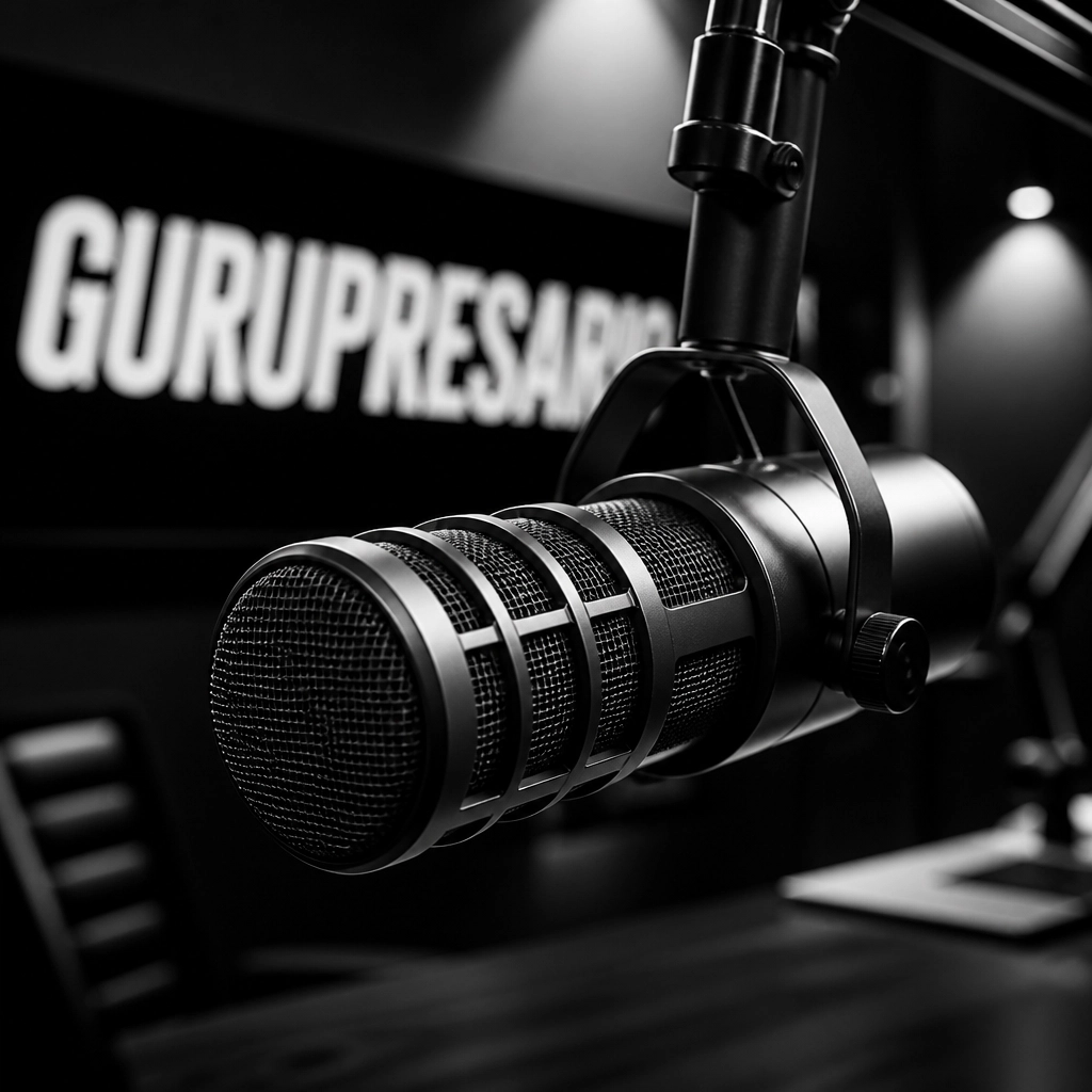 A professional podcasting microphone in a studio, representing the medium of storytelling through audio and conversation.