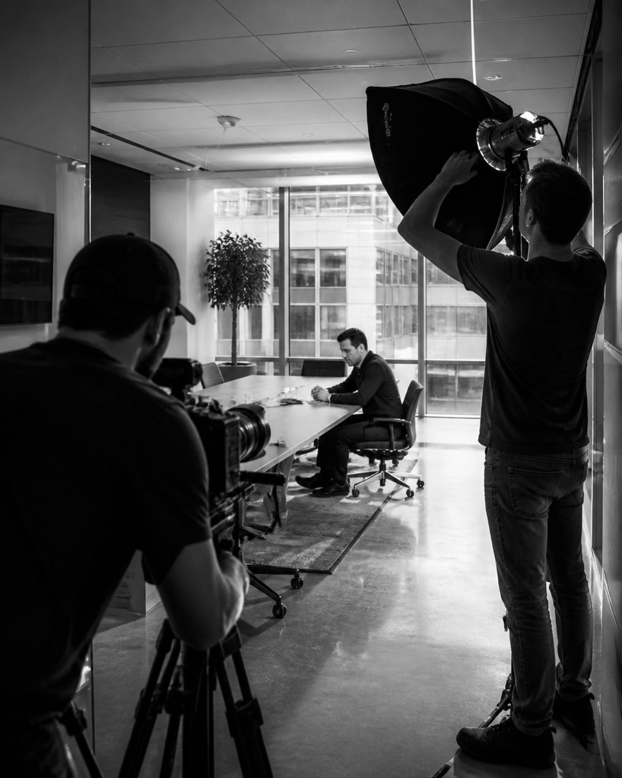 A film crew capturing authentic moments in an office setting, highlighting the documentary approach to brand storytelling.