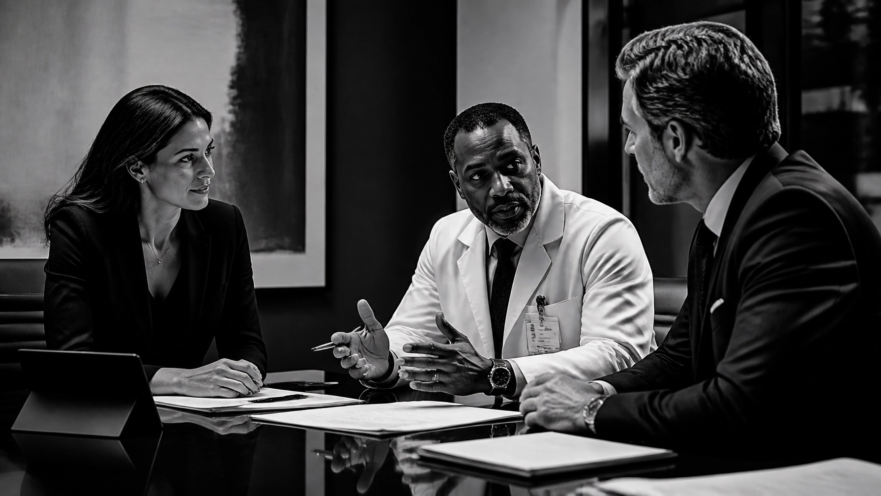 A diverse group of professionals, an attorney, a doctor, and an executive, collaborating on a brand strategy.