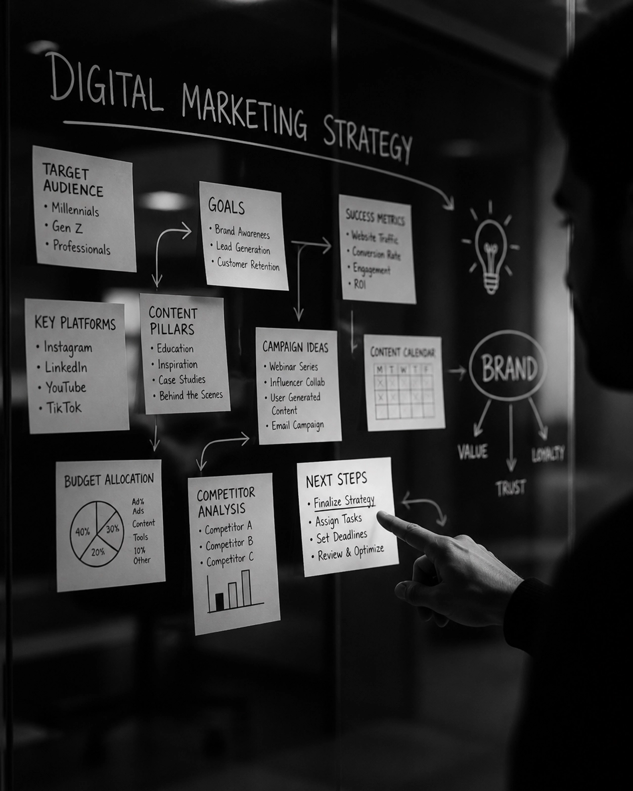 A glass wall covered in sticky notes during a high-contrast black and white marketing strategy session.