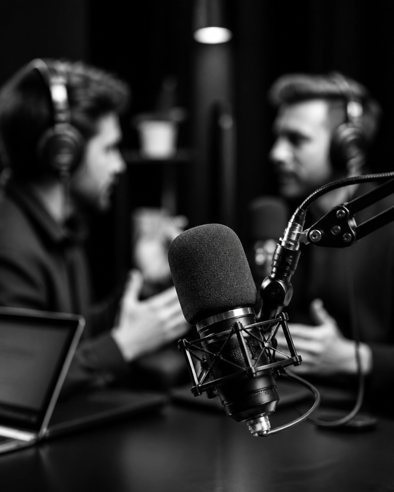 A professional podcasting setup with high-contrast black and white lighting and a minimalist feel.