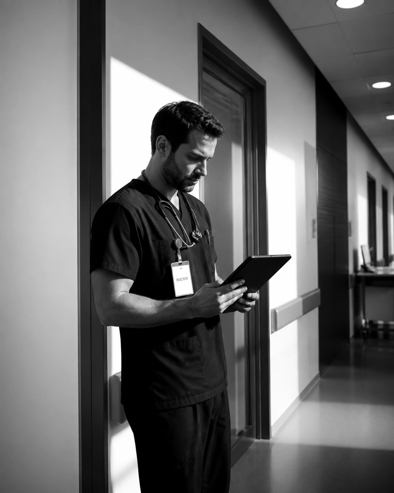 A doctor looking at a tablet in a high-contrast black and white clinic hallway.