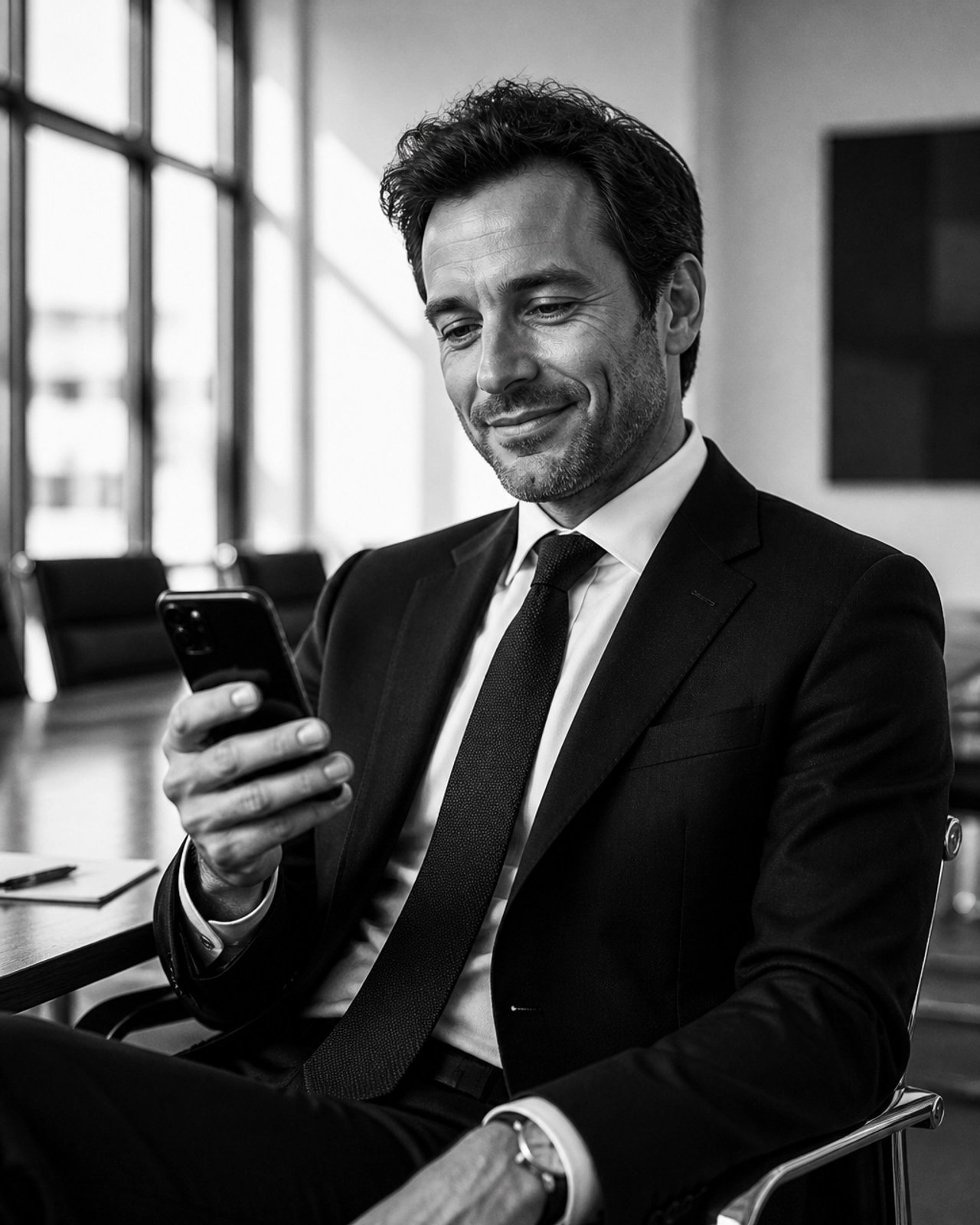 A professional attorney looking at a smartphone in a high-contrast black and white office setting.