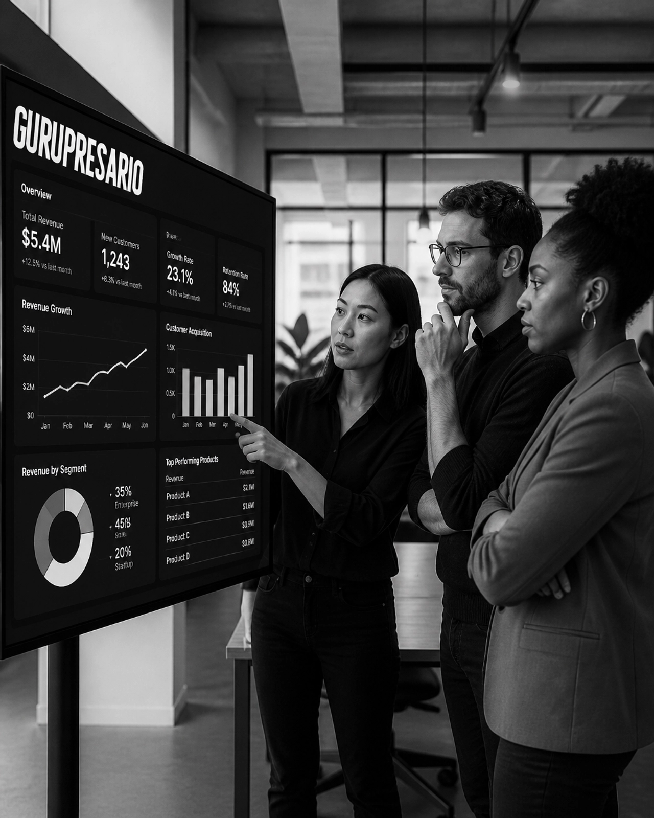 A creative team reviewing data and metrics