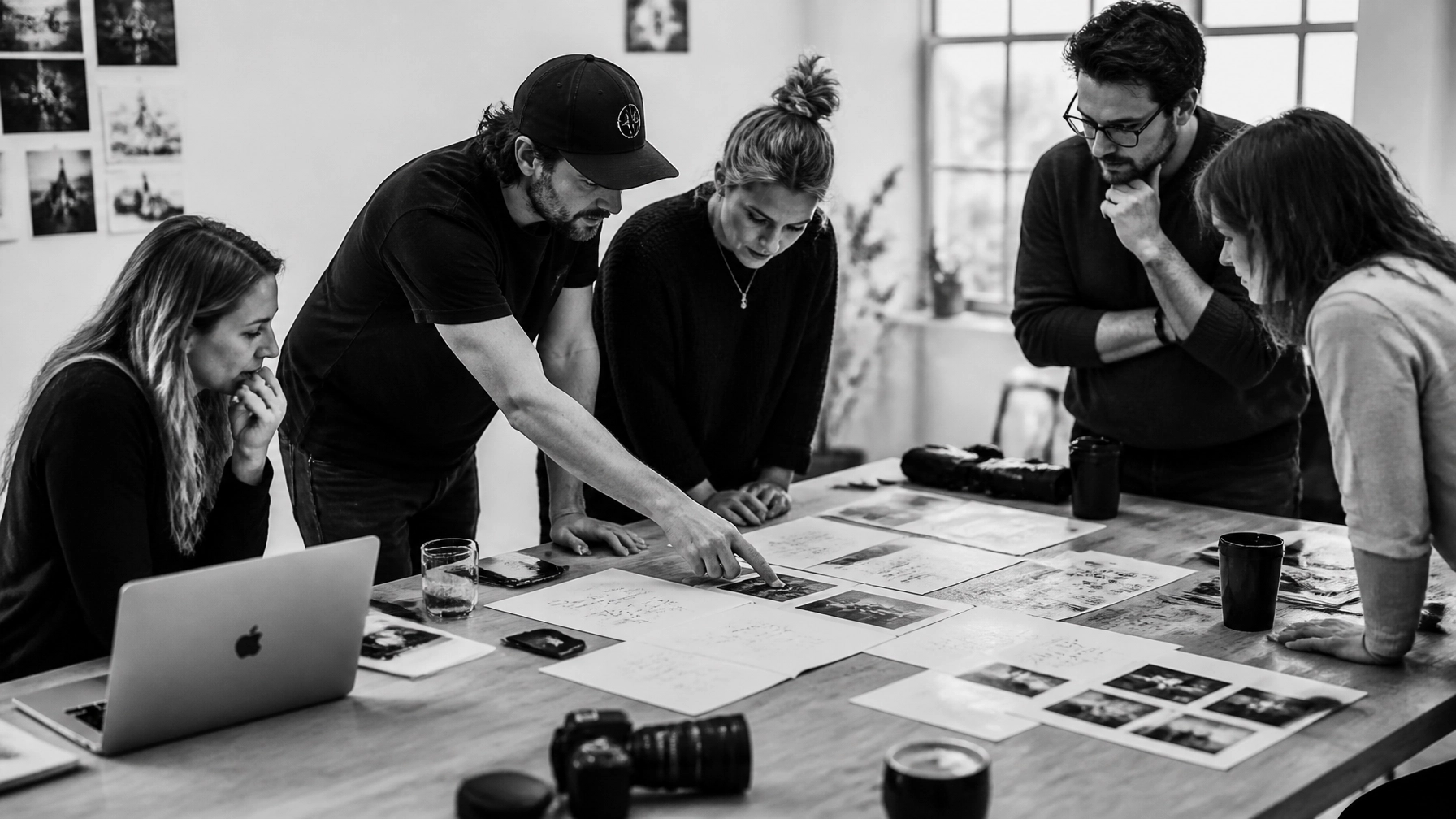A black and white documentary-style shot of a creative team collaborating around a large wooden table, scattered with notes and cameras. High contrast, authentic feel.