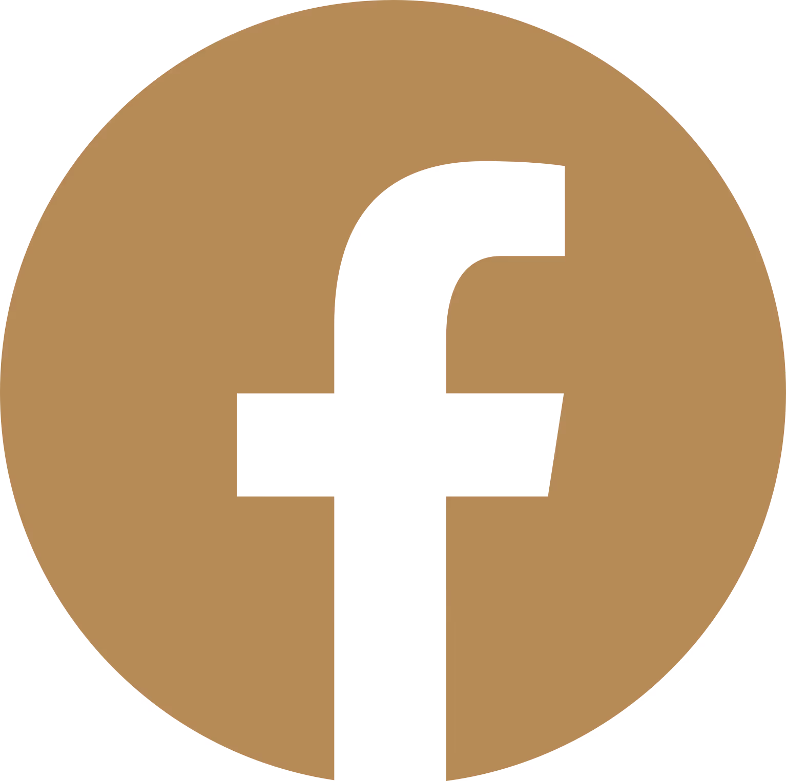 Facebook logo in white on a brown circular background.