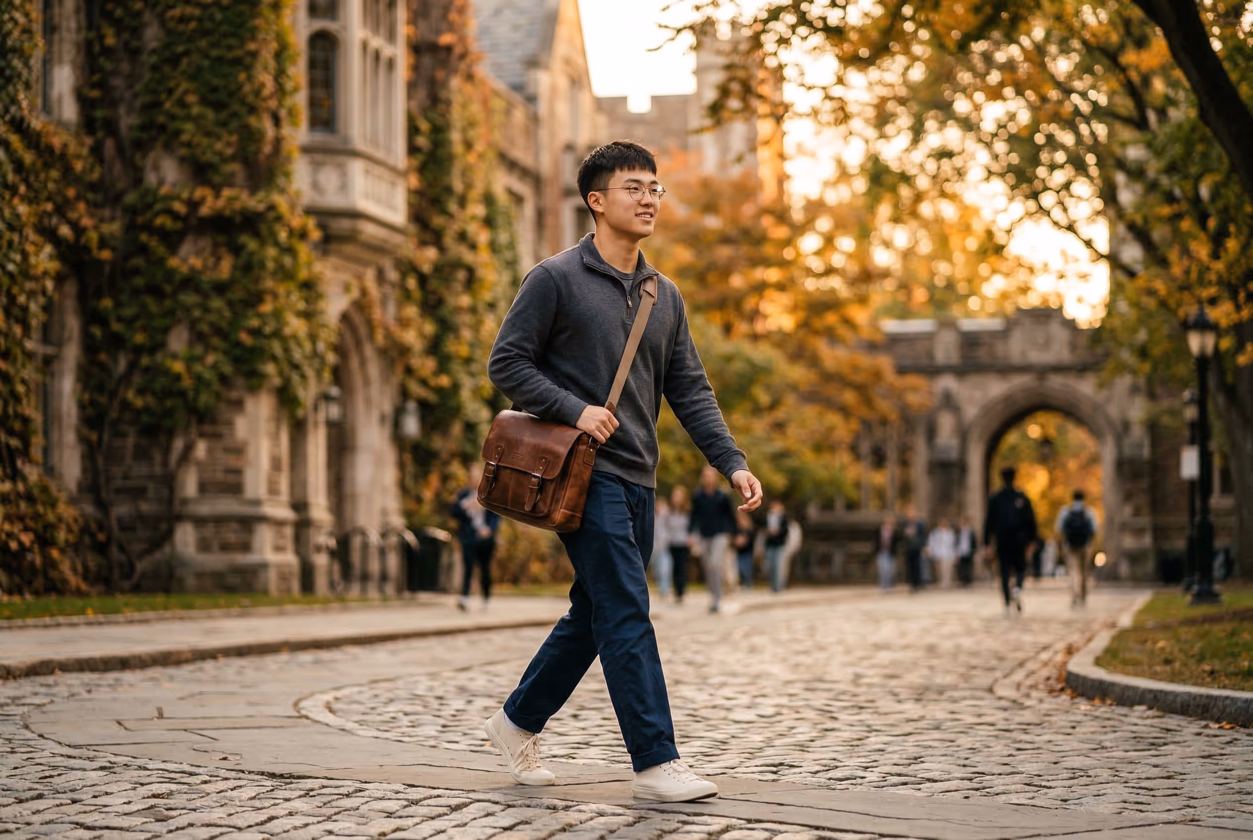 Young man with glasses and a brown shoulder bag walking on a cobblestone path at a university campus with autumn foliage.