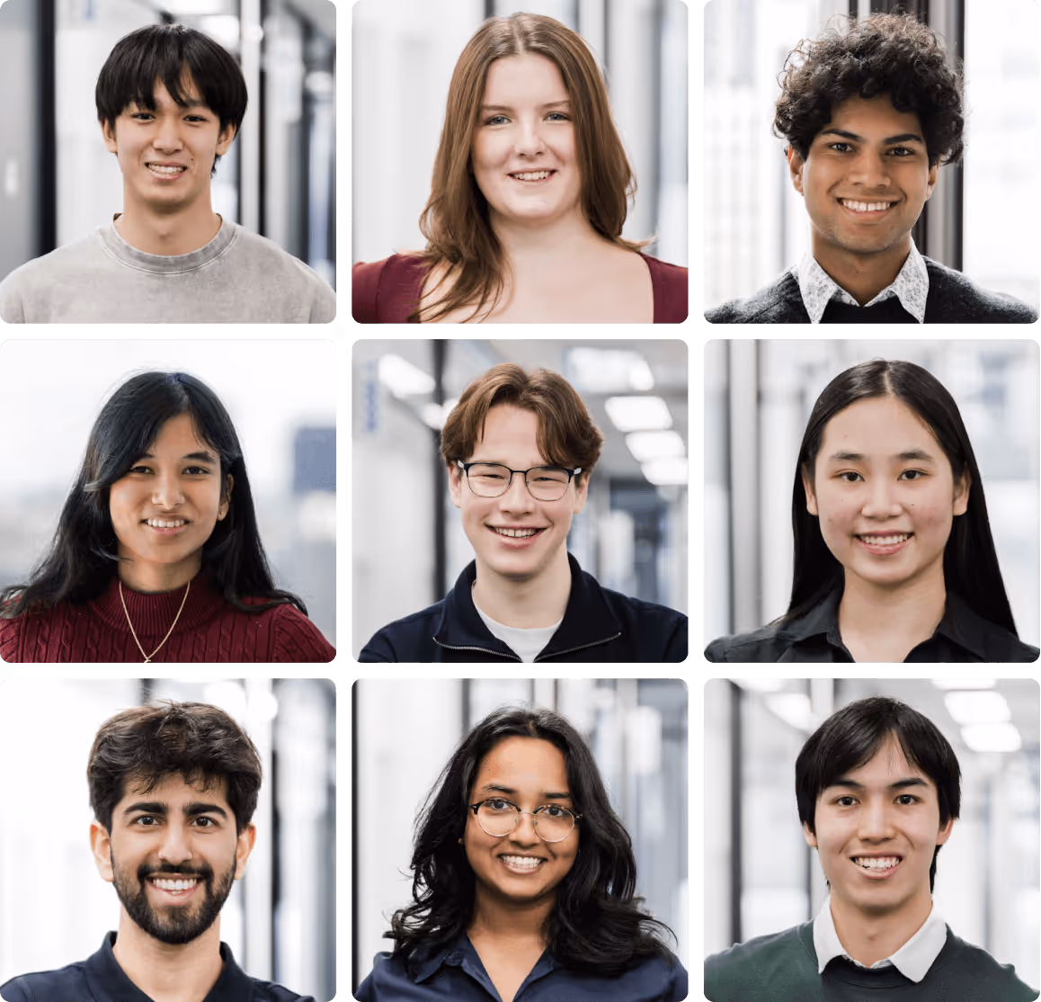 Grid of nine diverse young adults smiling, each photographed from the shoulders up in a bright indoor setting.