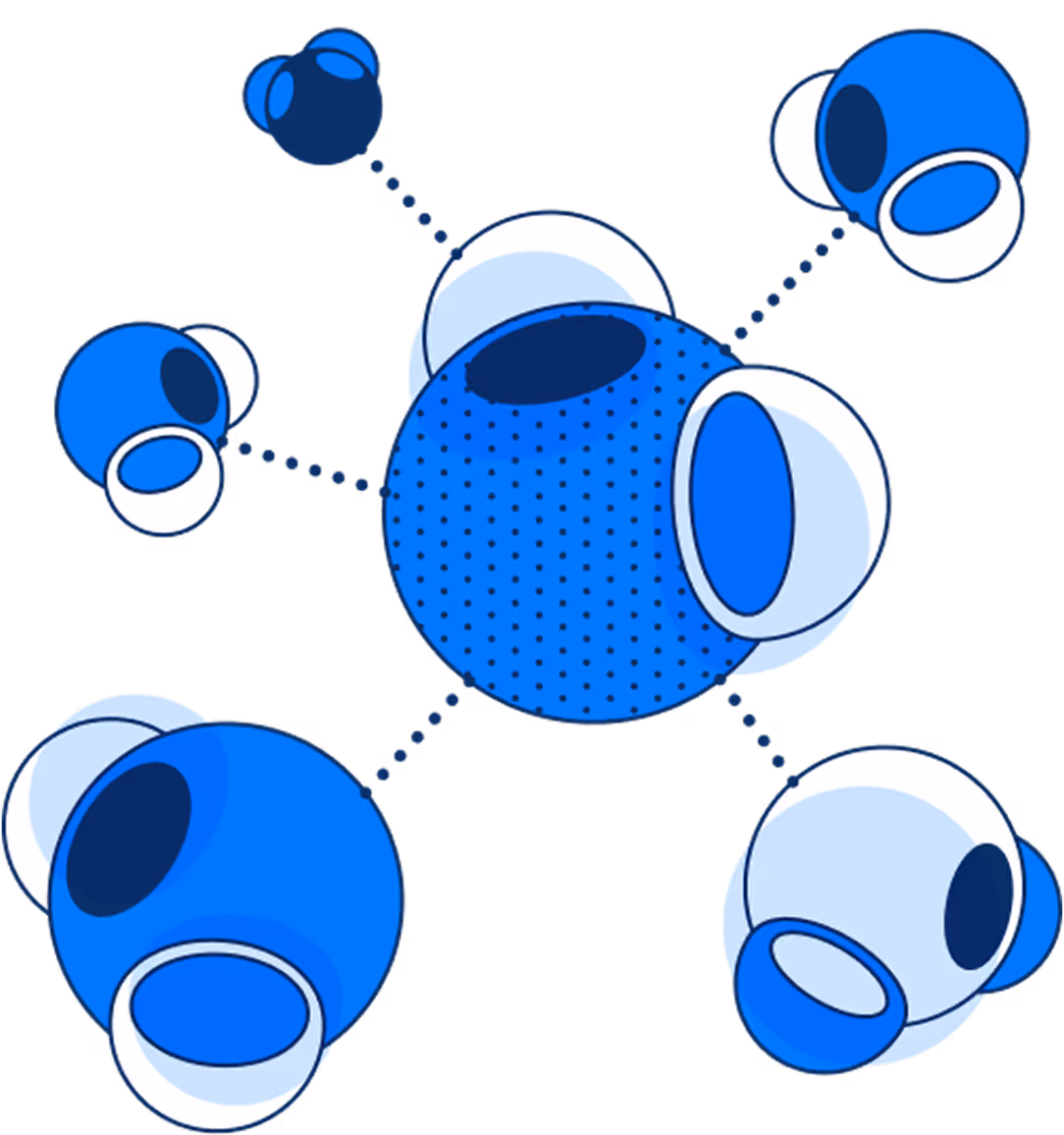 Illustration of a central blue sphere connected to six smaller blue and white spherical shapes by dotted lines.
