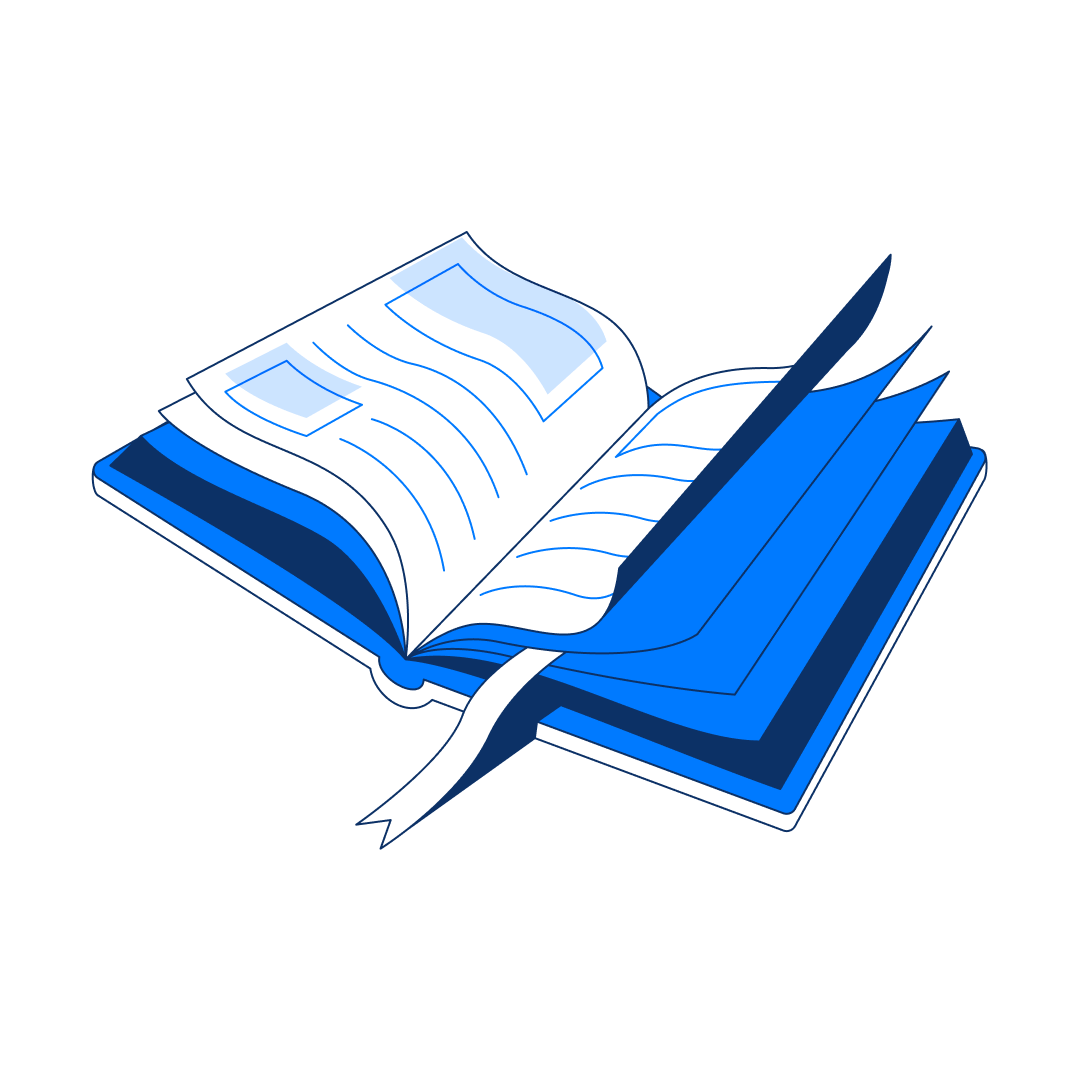 Illustration of an open blue book with pages turning and a white bookmark ribbon.