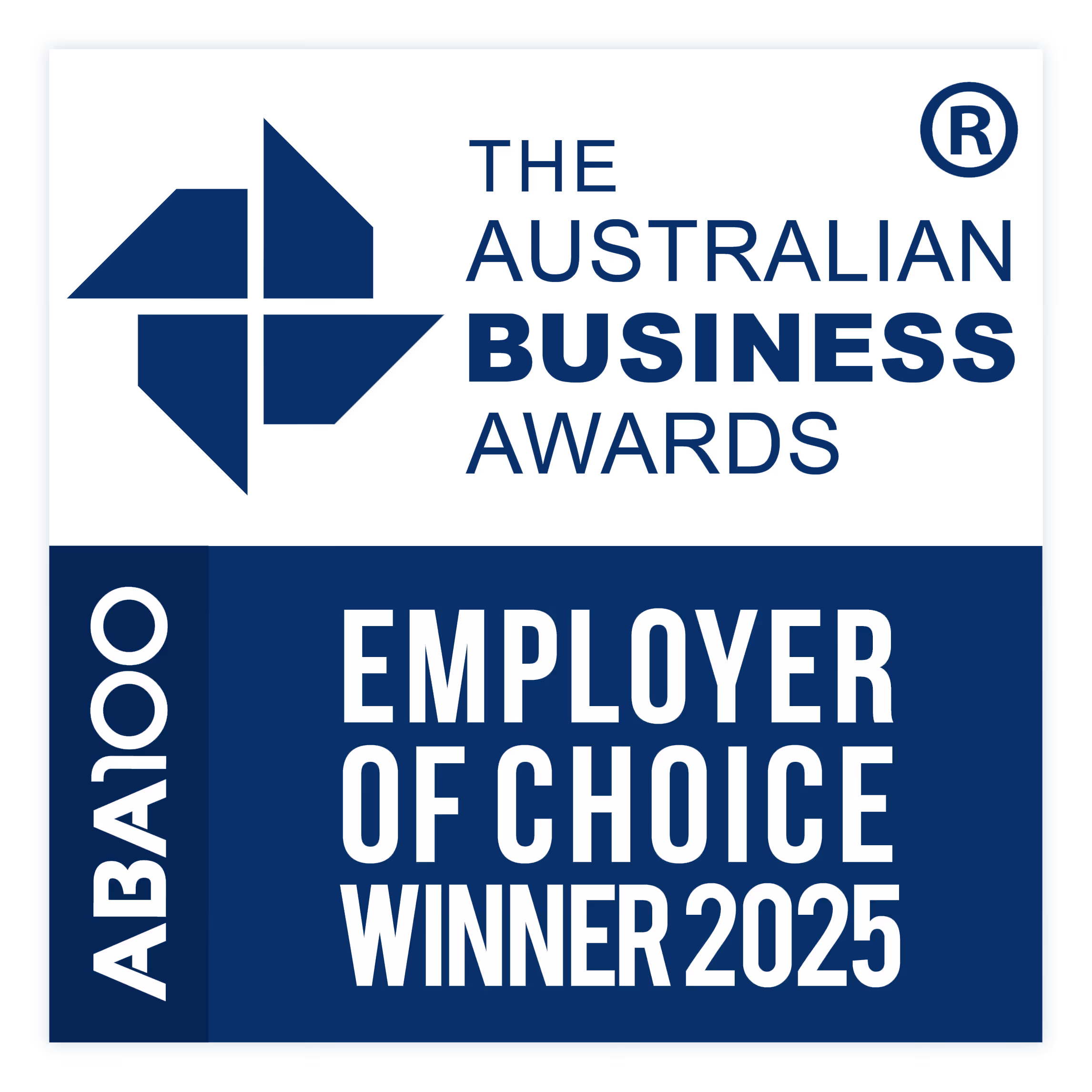 Blue badge with white text stating ABA100 Employer of Choice Winner 2025.