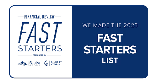 Banner with text 'We made the 2023 Fast Starters list' on a blue background alongside logos of People, Culture, and 10BK.