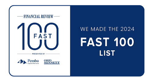 Badge announcing inclusion in the 2024 Fast 100 list by Financial Express, powered by people and news networks.