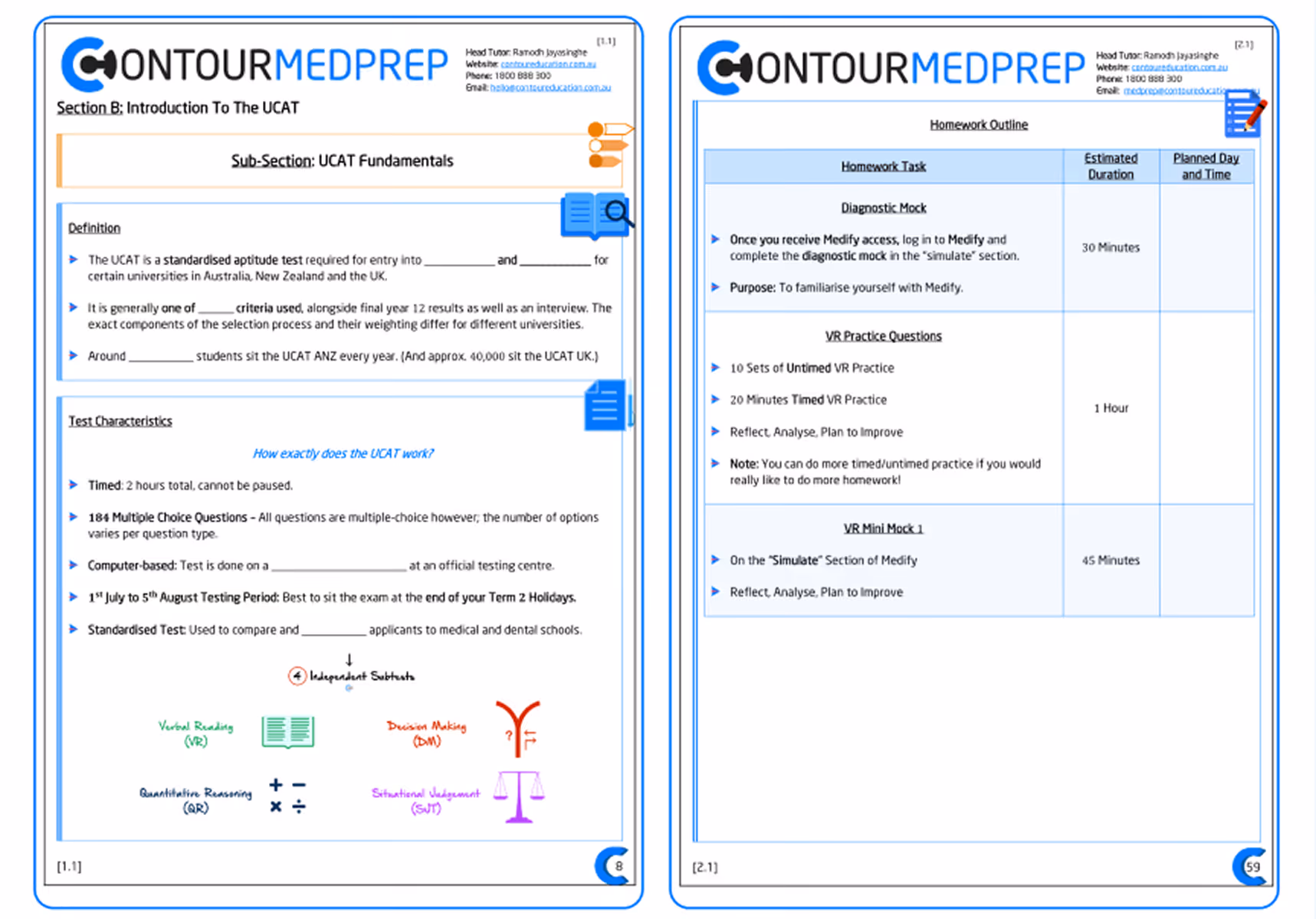 Two pages from CONTOUR MEDPREP UCAT study materials: left page covers UCAT fundamentals including definition, test characteristics, and four independent subtests; right page outlines homework tasks with diagnostic mock, VR practice questions, and VR mini mock with estimated durations.