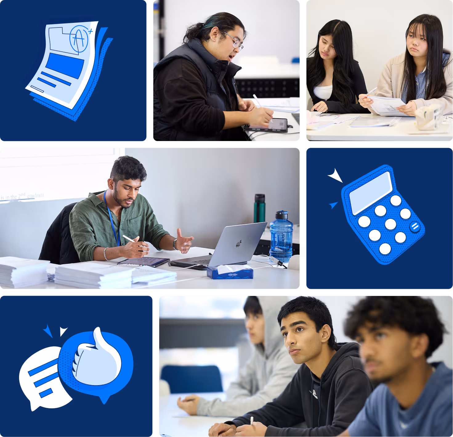 Collage showing diverse students studying and engaging in a classroom, alongside icons of an A+ graded paper, a calculator, and a thumbs-up chat bubble.