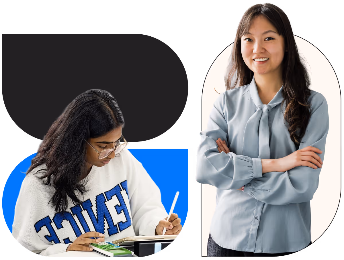 Two women, one focused on writing with a pen and calculator, the other standing smiling with arms crossed.
