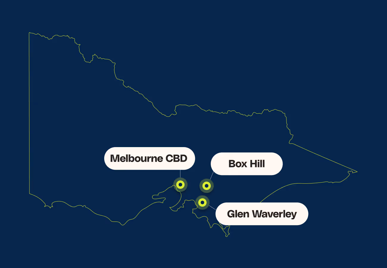 Map of Victoria showing the three Contour Intensive campuses in metropolitan Melbourne: Melbourne CBD, Box Hill, and Glen Waverley