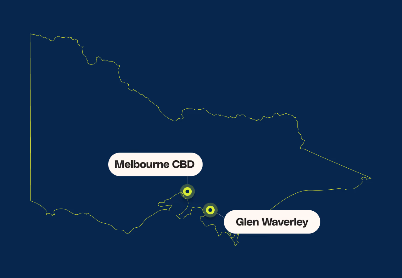 Map of Victoria showing the two Contour Intensive campuses in metropolitan Melbourne: Melbourne CBD and Glen Waverley
