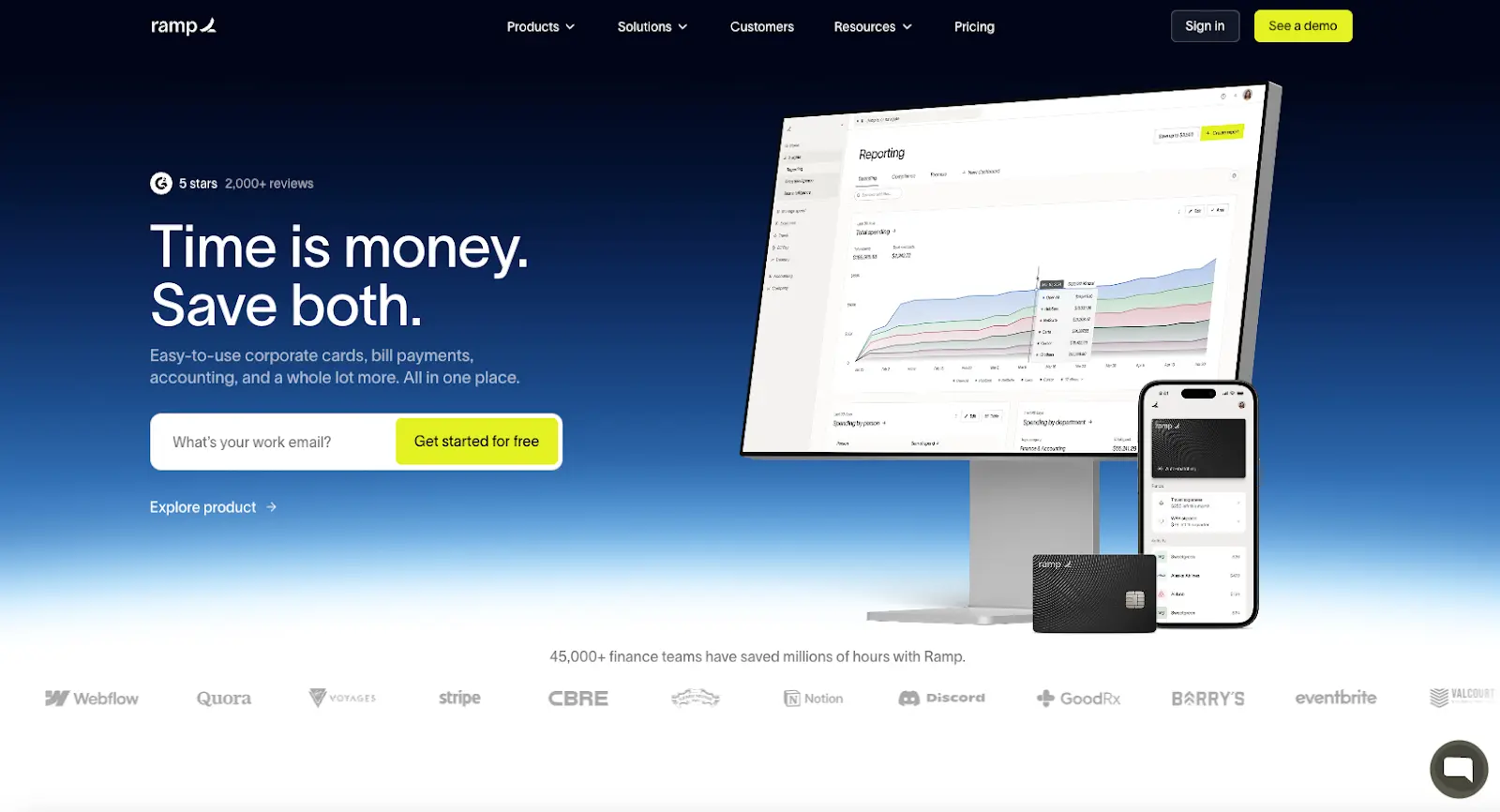 Ramp’s hero section showing financial dashboard and mobile app to demonstrate trust-building design and clear value in B2B fintech UX.