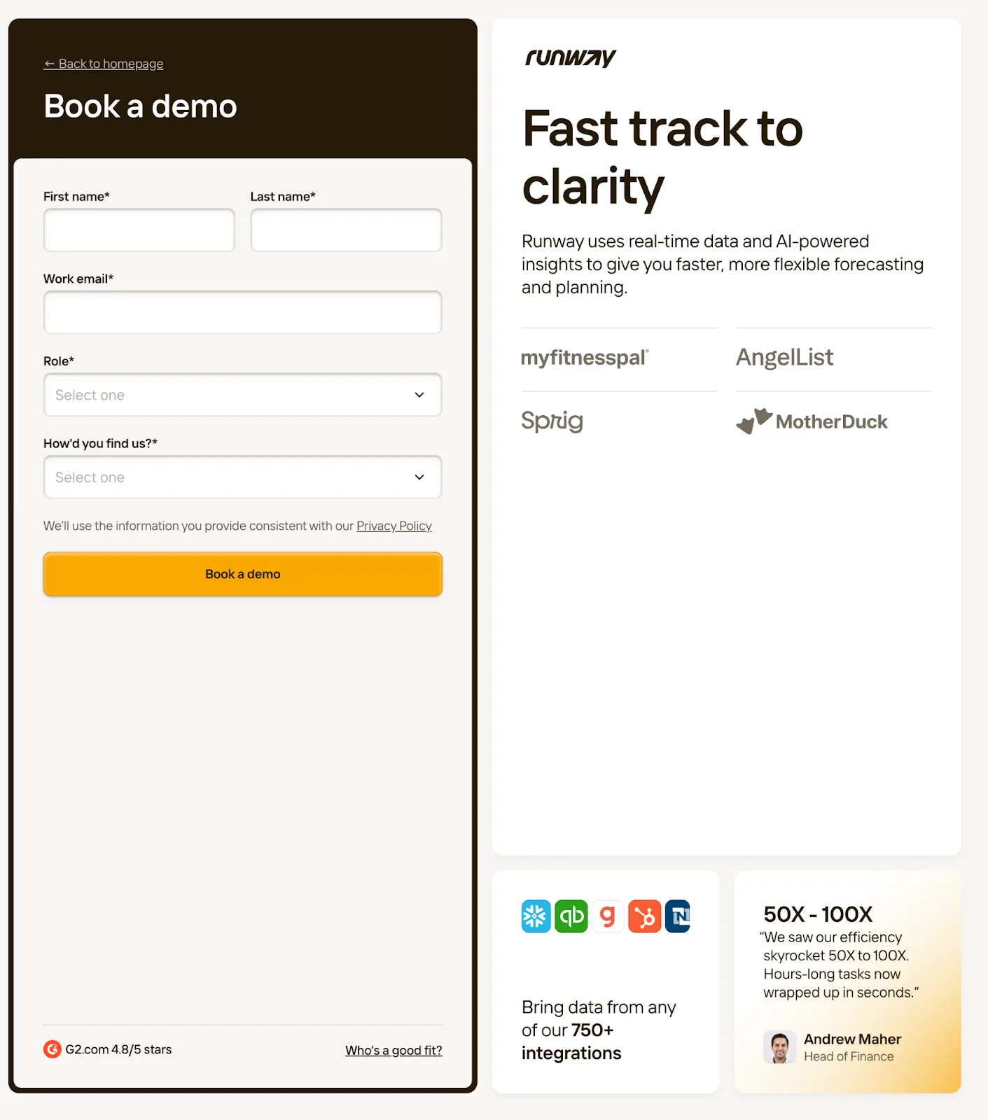 Runway’s contact page showing a clean visual hierarchy, guiding users through a clear CTA and structured contact form layout.