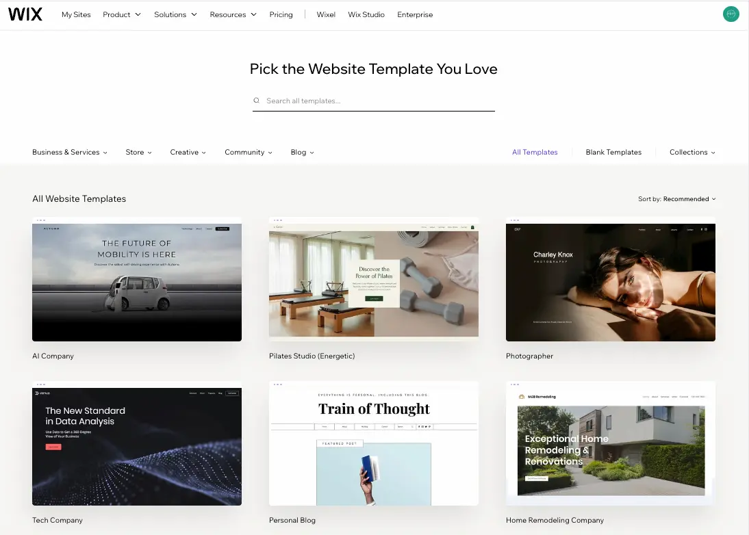 ‍Preview of Wix’s template library highlighting diverse ready-made designs for quick website setup.