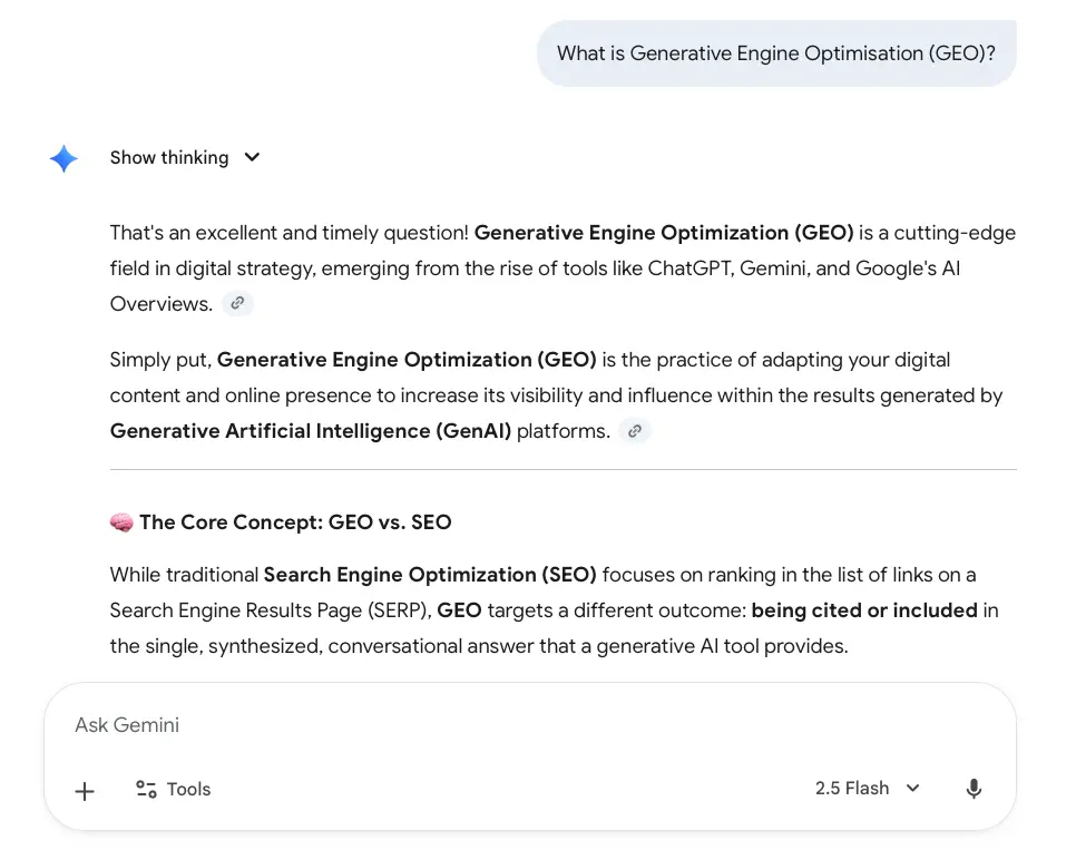 Screenshot of Gemini Search providing a direct AI summary for “what is GEO?”, simplifying what users find on Google.
